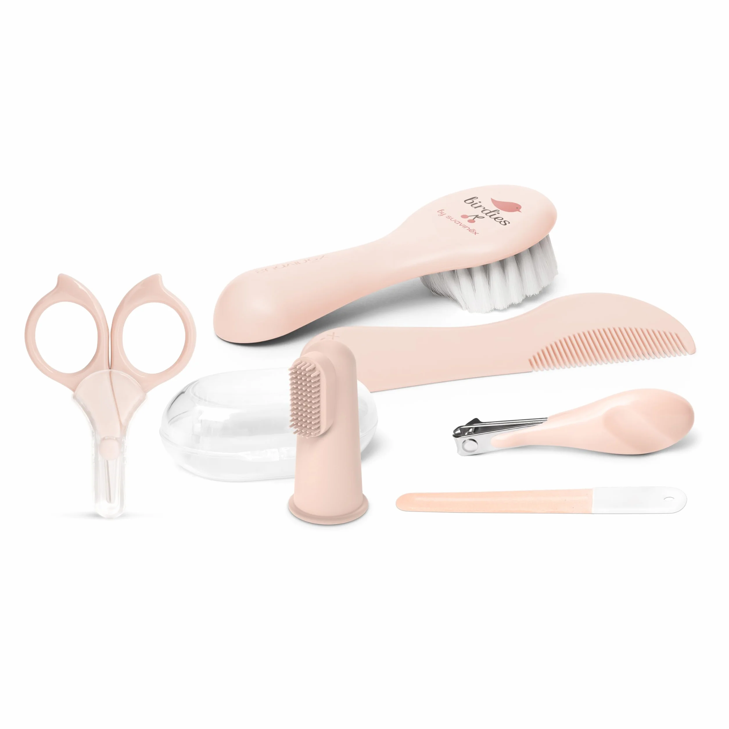 Suavinex, Zestaw do pielęgnacji niemowląt, kompletny i przenośny zestaw do manicure, zawiera: szczotkę i grzebień + szczoteczkę do zębów + nożyczki + pilnik + obcinacz do paznokci, 6-częściowy, różowy