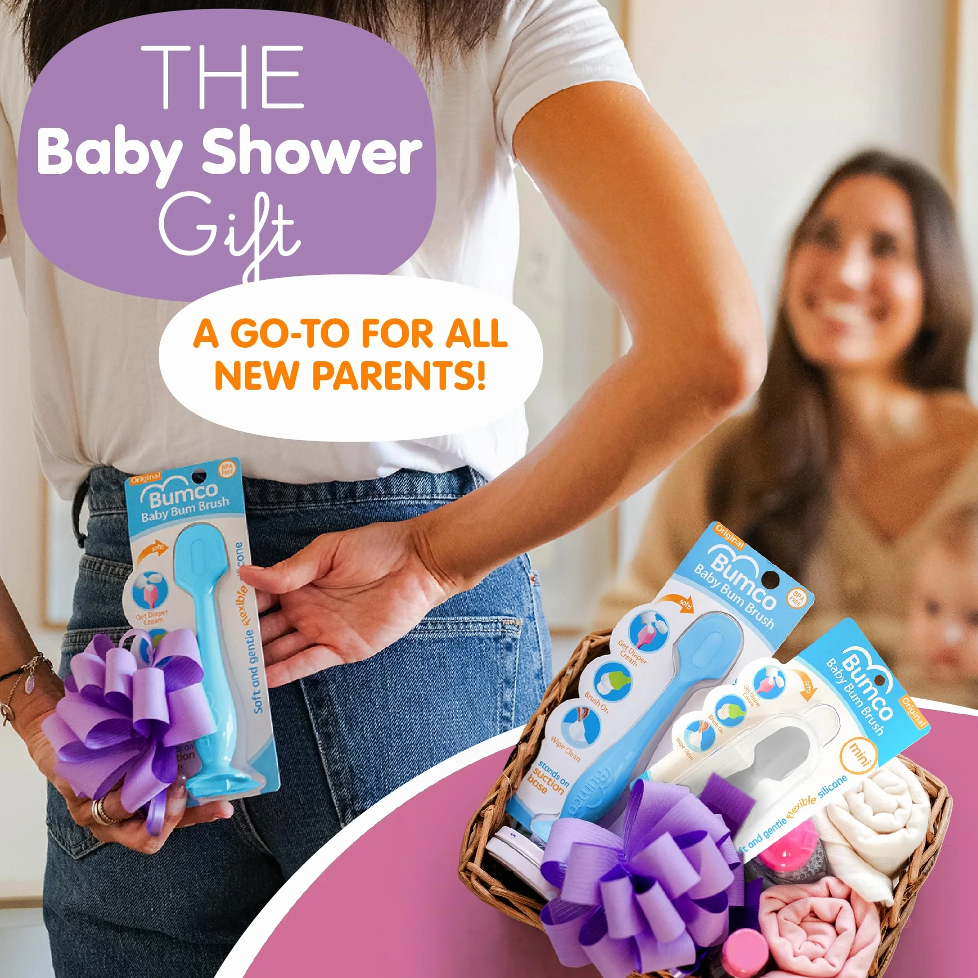 Bumco Baby Essentials dla noworodka – szczotka do pępka dla niemowląt oryginalny aplikator do wysypki na pieluchy, miękka elastyczna silikonowa szczotka, wyjątkowy prezent plus mini aplikator do wysypki z etui podróżnym, niebieski i szary