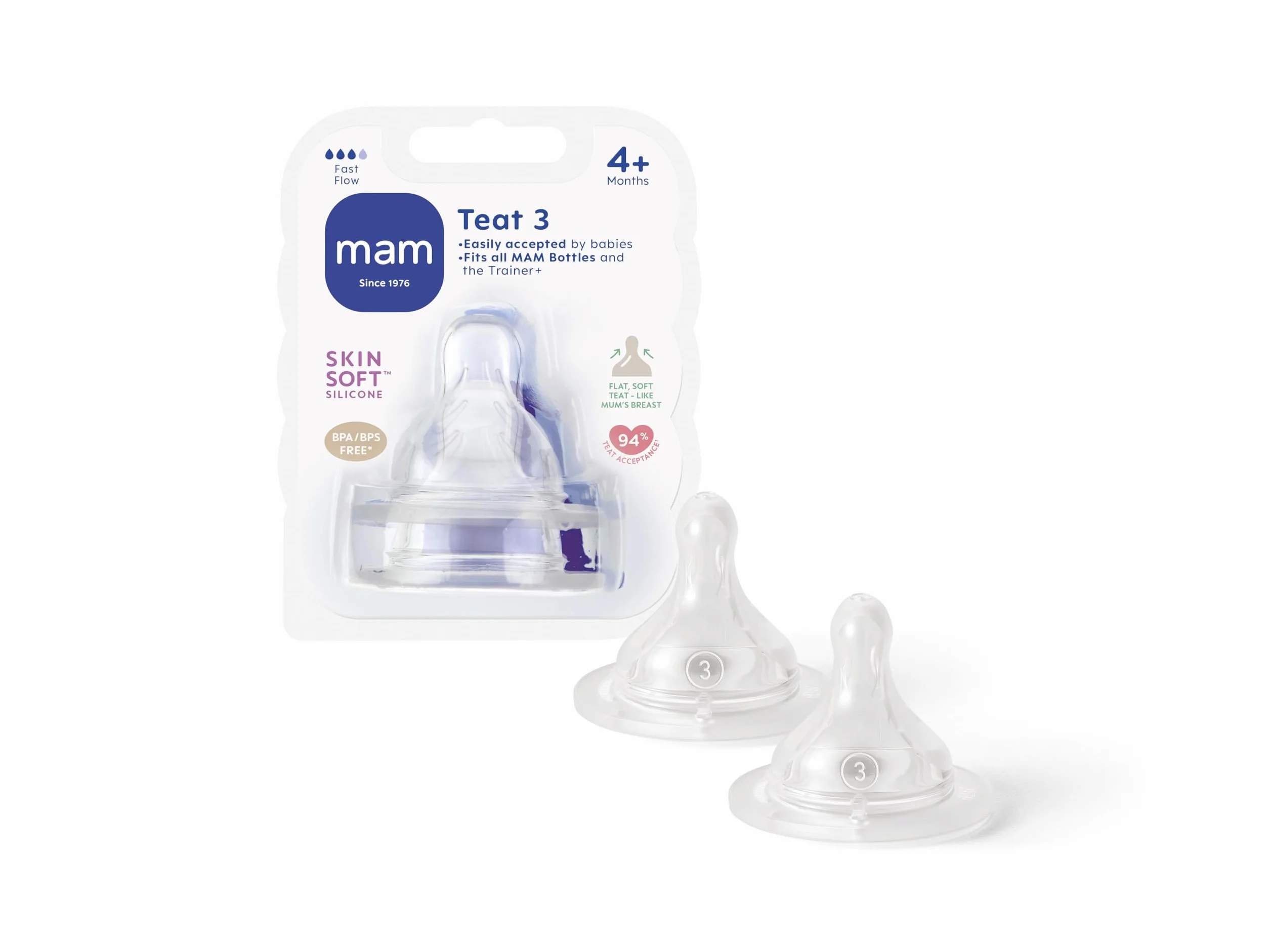 MAM Smoczki Rozmiar 3 dla 4 Miesięcy, Fast Flow z Silikonem SkinSoft, Pasuje do Wszystkich Butelek MAM, Niezbędne Akcesoria do Karmienia Niemowląt, 2 Sztuki