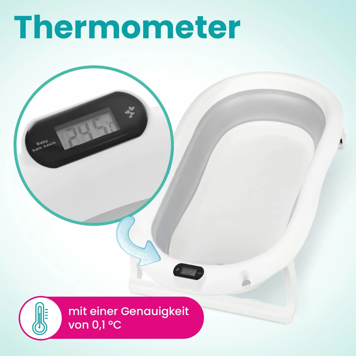 Primabobo Wanienka dla Niemowląt PREMIUM Składana z Inteligentnym Termometrem LCD i Fotelikiem, Luksusowa Wanienka 80cm z Miękką Wkładką, System Szybkiego Składania, Szara