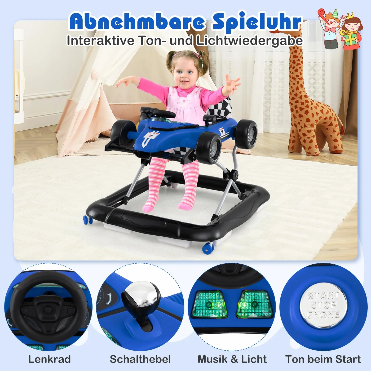 COSTWAY Pomoc w nauce chodzenia 4 w 1, wózek do nauki chodzenia, składany, z regulacją wysokości, Baby Walker w kształcie samochodu z kierownicą i pozytywką, wózek z kółkami dla dzieci w wieku 6-18
