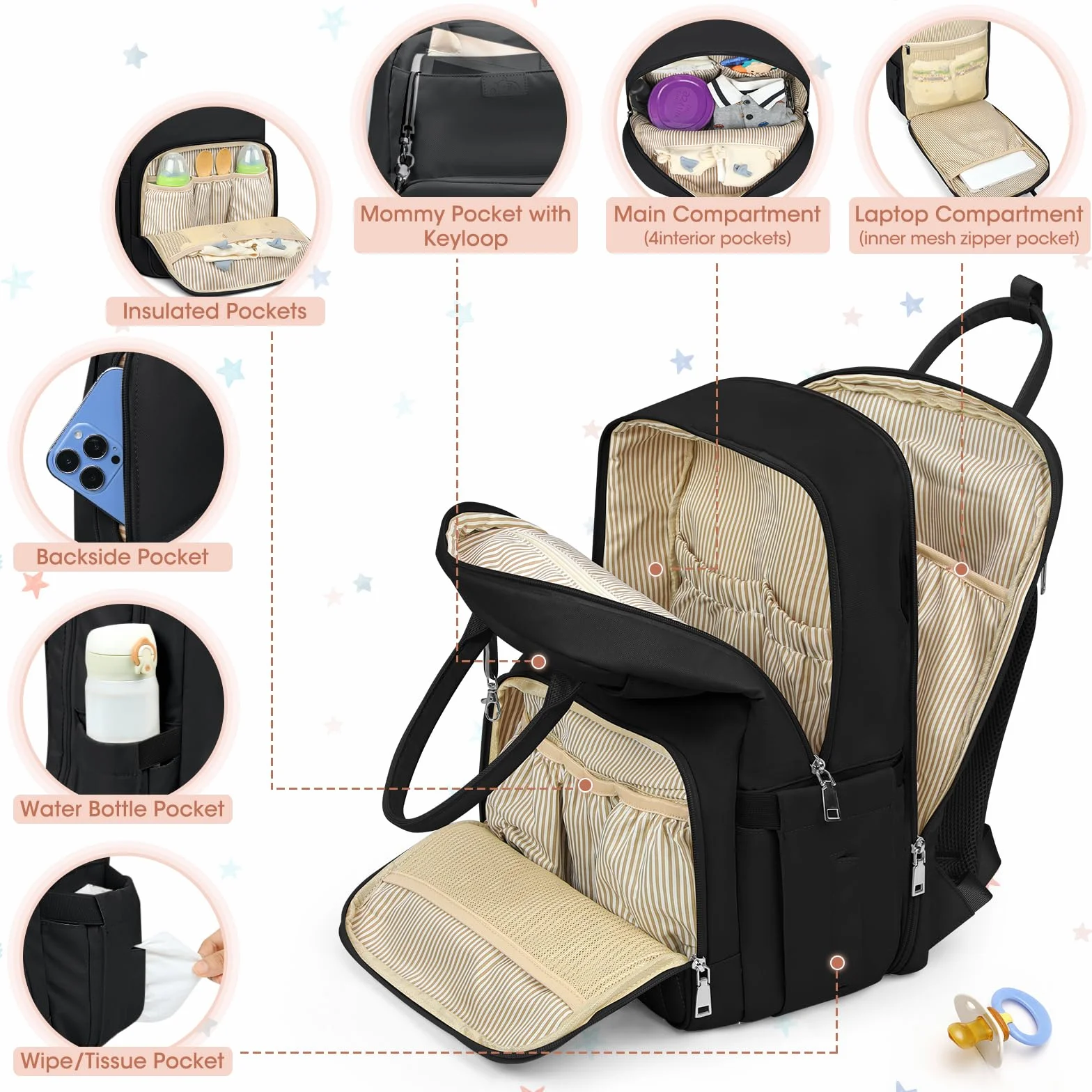 RAINSMORE Plecak do przewijania niemowląt, duża torba do przewijania, plecak z paskami do wózka dziecięcego i podkładką do przewijania, torba podróżna Diaper Bag, kolor czarny