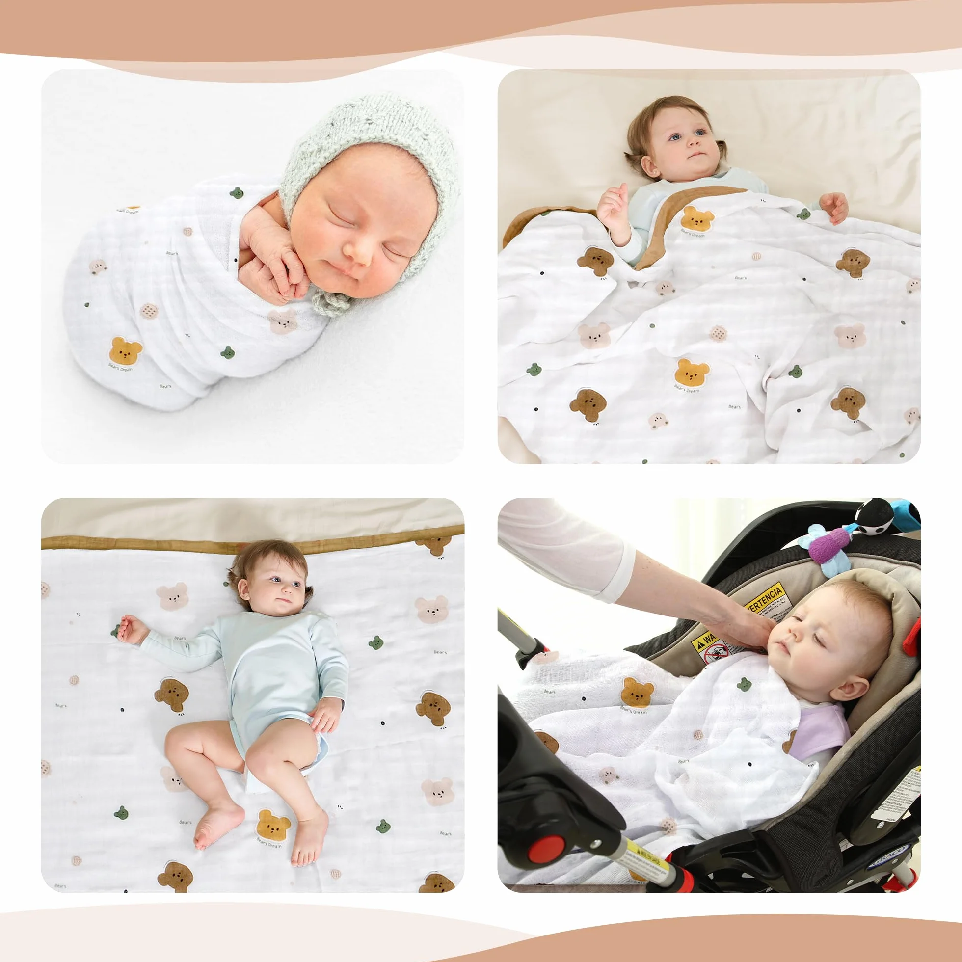 Miracle Baby Musselin Kocyk dziecięcy dla niemowląt, 6-warstwowy, bawełna, miękki, oddychający, do przewijania, dla dziewcząt i chłopców, 110 x 110 cm (miś z kreskówki)