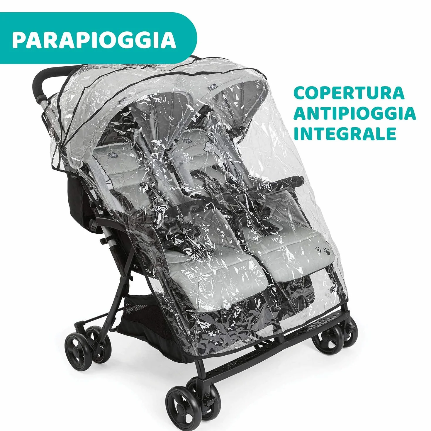 Chicco OHlalà Twin Podwójny Wózek Spacerowy od Urodzenia do 15 kg dla Bliźniaków i Rodzeństwa, Lekki Rozkładany i Składany Wózek, Kompaktowy po Złożeniu, Okrycie Przeciwdeszczowe i Powiększana Budka