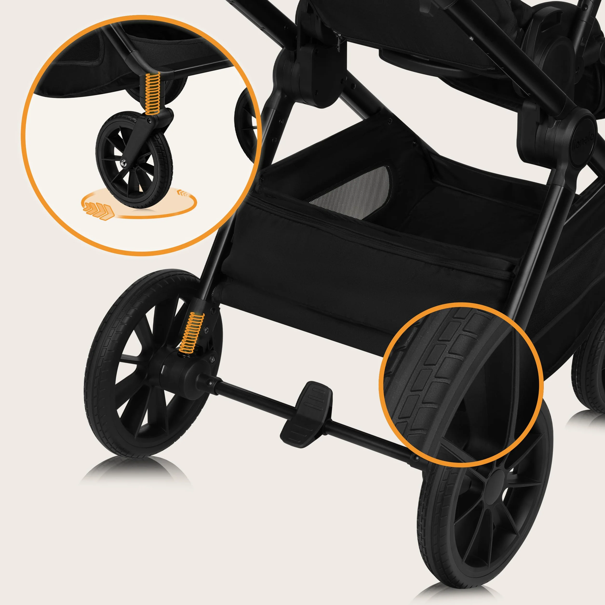 LIONELO LAYLA Wózek dziecięcy 3 w 1 0-48 miesięcy do 22 kg gondola do 9 kg, AiryDots, obracane koła PU o 360°, całkowita amortyzacja Booth XXL (BLACK ONYX)