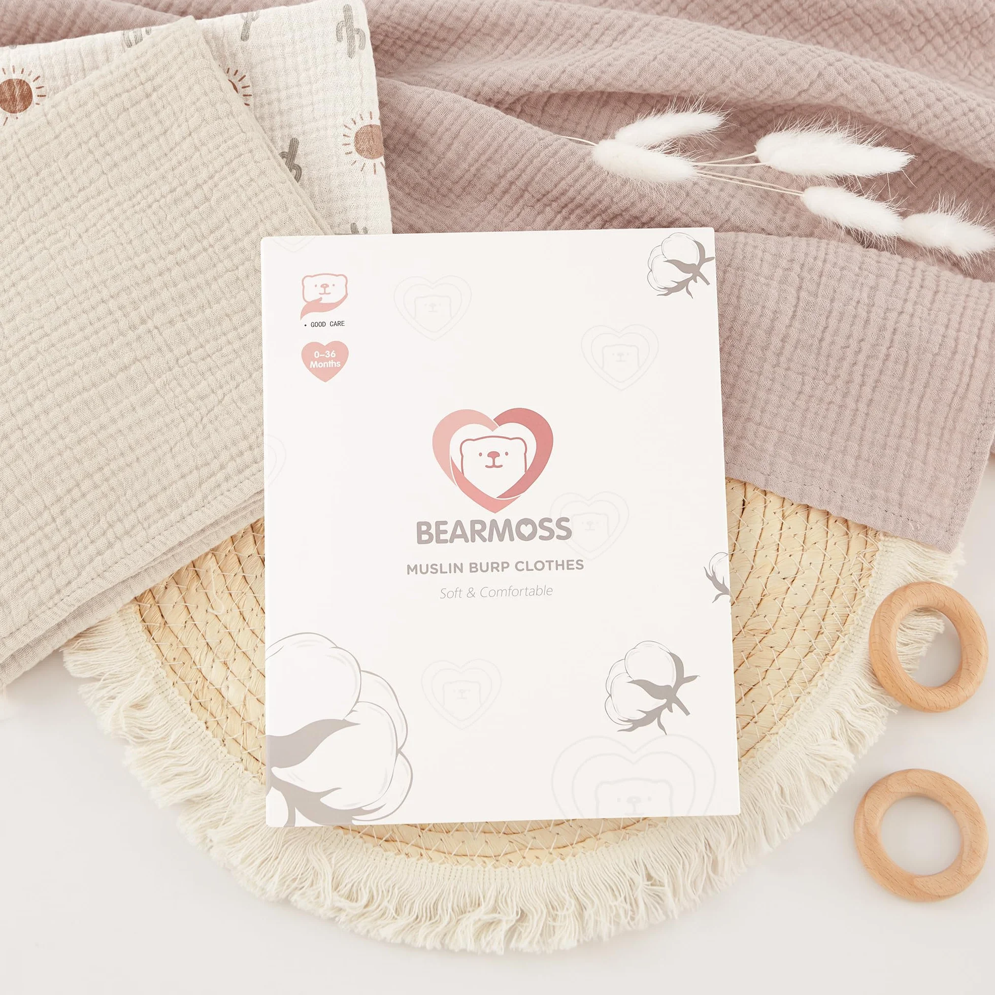 Bearmoss Chusteczki Molton dla niemowląt, 100% bawełna, miękkie ściereczki do ślinu dla niemowląt, oddychające i bardzo chłonne, chłonne ściereczki muślinowe, 4 szt. 60 x 60 cm (brązowy nadruk)