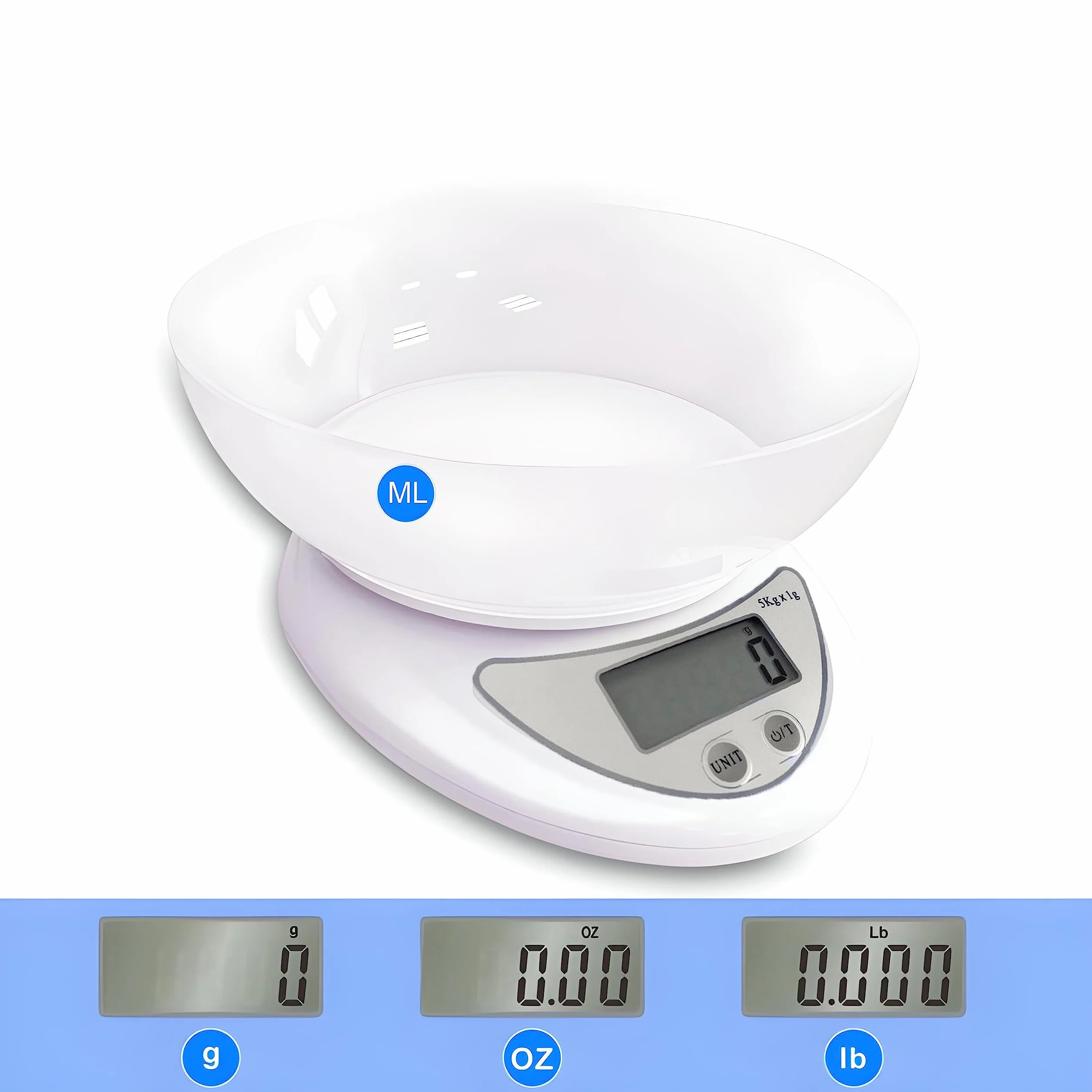 Retoo skala kuchenna elektroniczna z misą 790ml, waga cyfrowa PT-860, 5 kg/11 lb, waga kuchenna, waga precyzyjna, funkcja tary, wyświetlacz LCD, automatyczne wyłączanie, 11,3x5,3x17,5 cm, srebrna