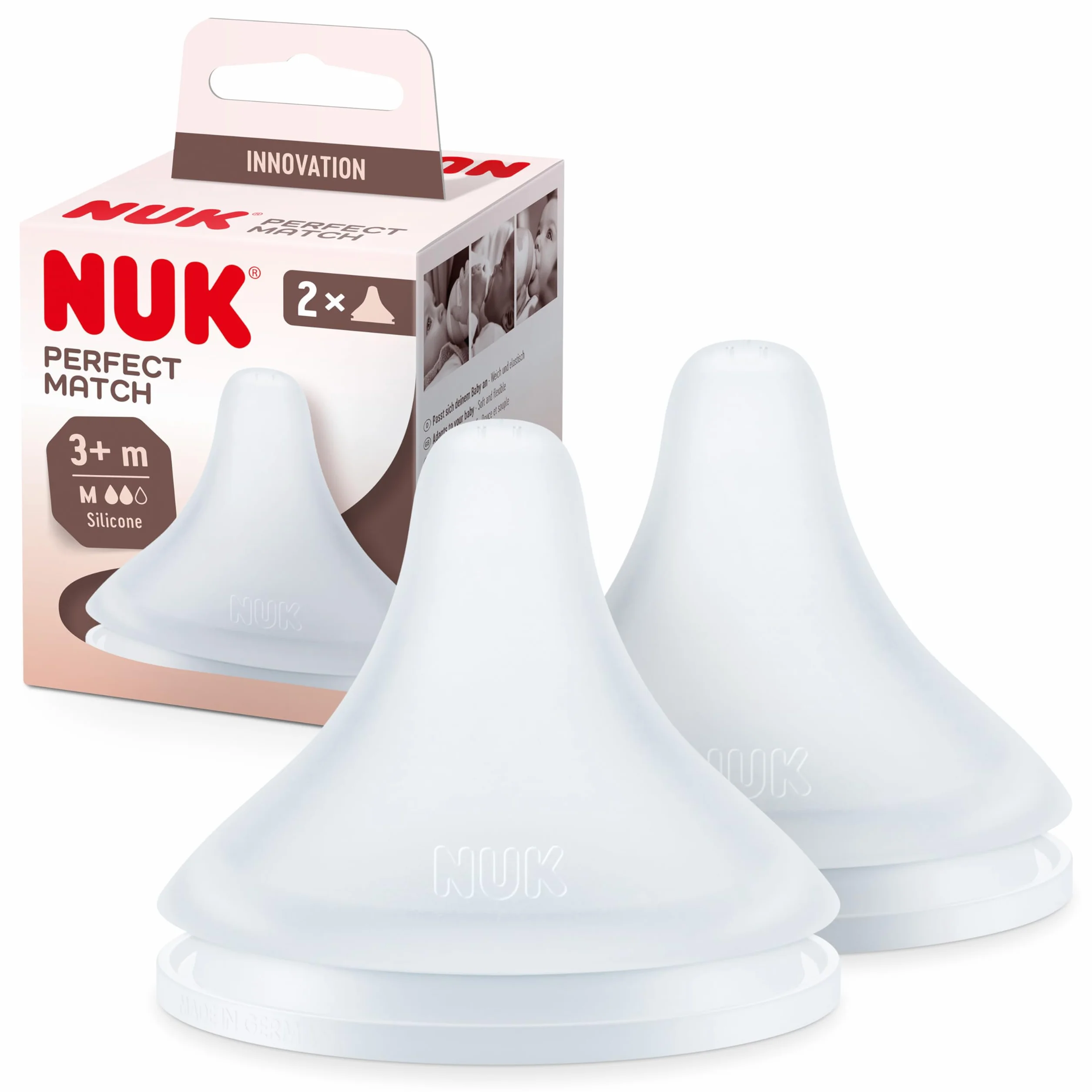 NUK Perfect Match smoczek do butelek dla niemowląt, 3+ miesięcy, pasuje do podniebienia dziecka, antykolkowy odpowietrznik, bez BPA, silikonowy smoczek M do butelek dla niemowląt, 2 szt