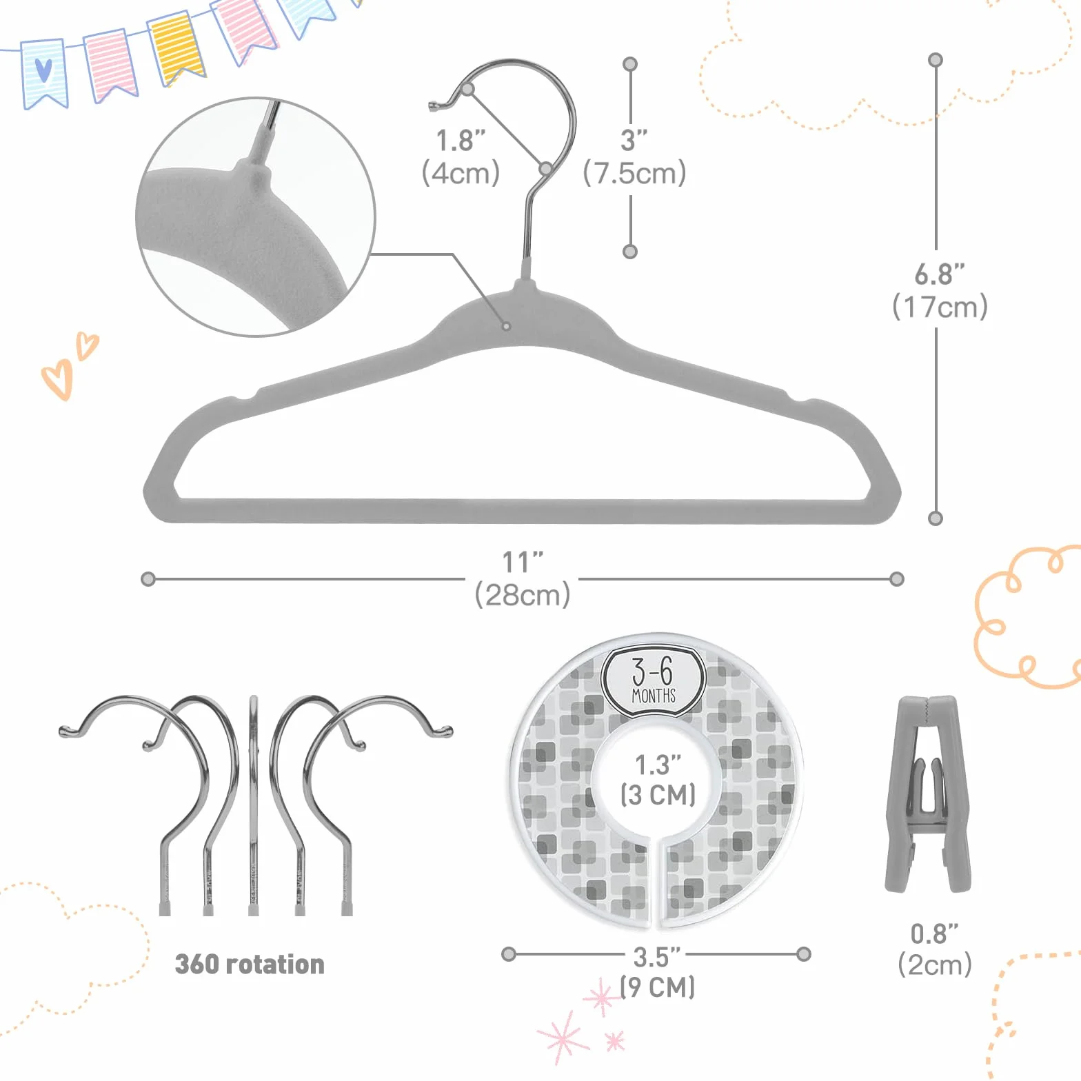 Babyrish Velvet Baby Hangers 30 Pack, Ultra Thin Nonslip Nursery Clothes Hangers (Grey)