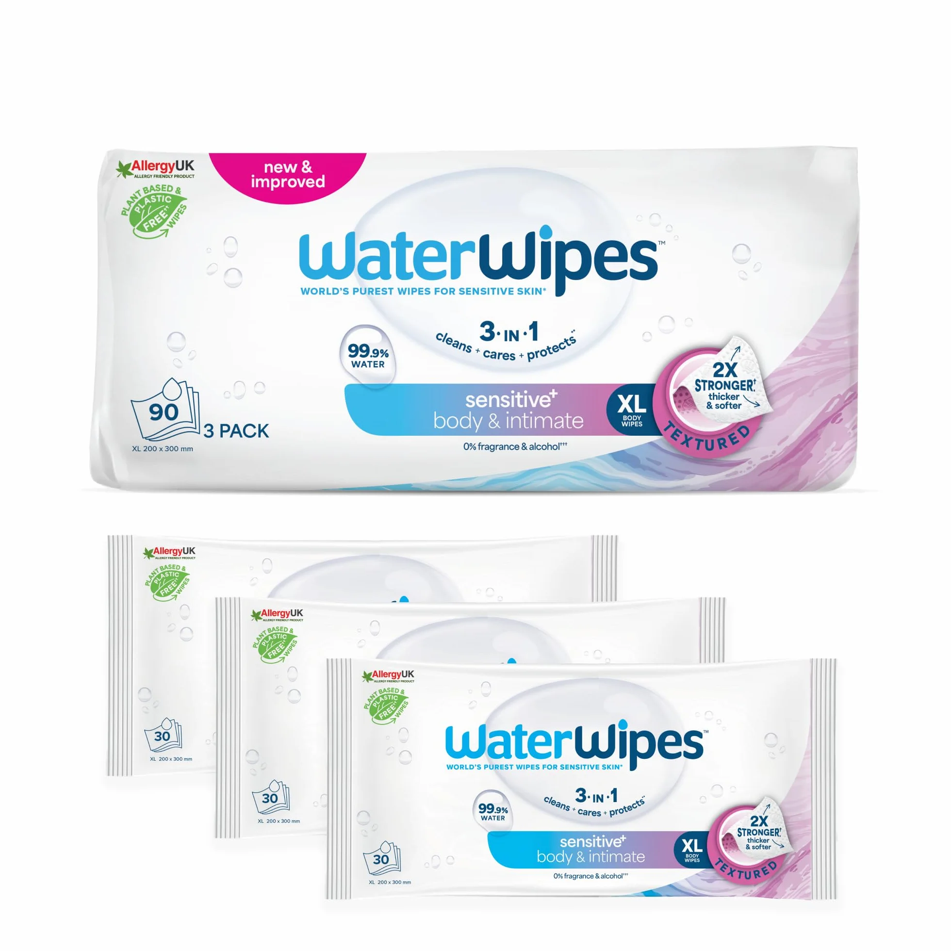 WaterWipes Sensitive+ Body & Intimate Wipes, Chusteczki nawilżające, 90 sztuk (opakowanie 3) – 3 w 1: delikatnie oczyszczają, pielęgnują i nawilżają. 99% wody z aloesem, bezzapachowe
