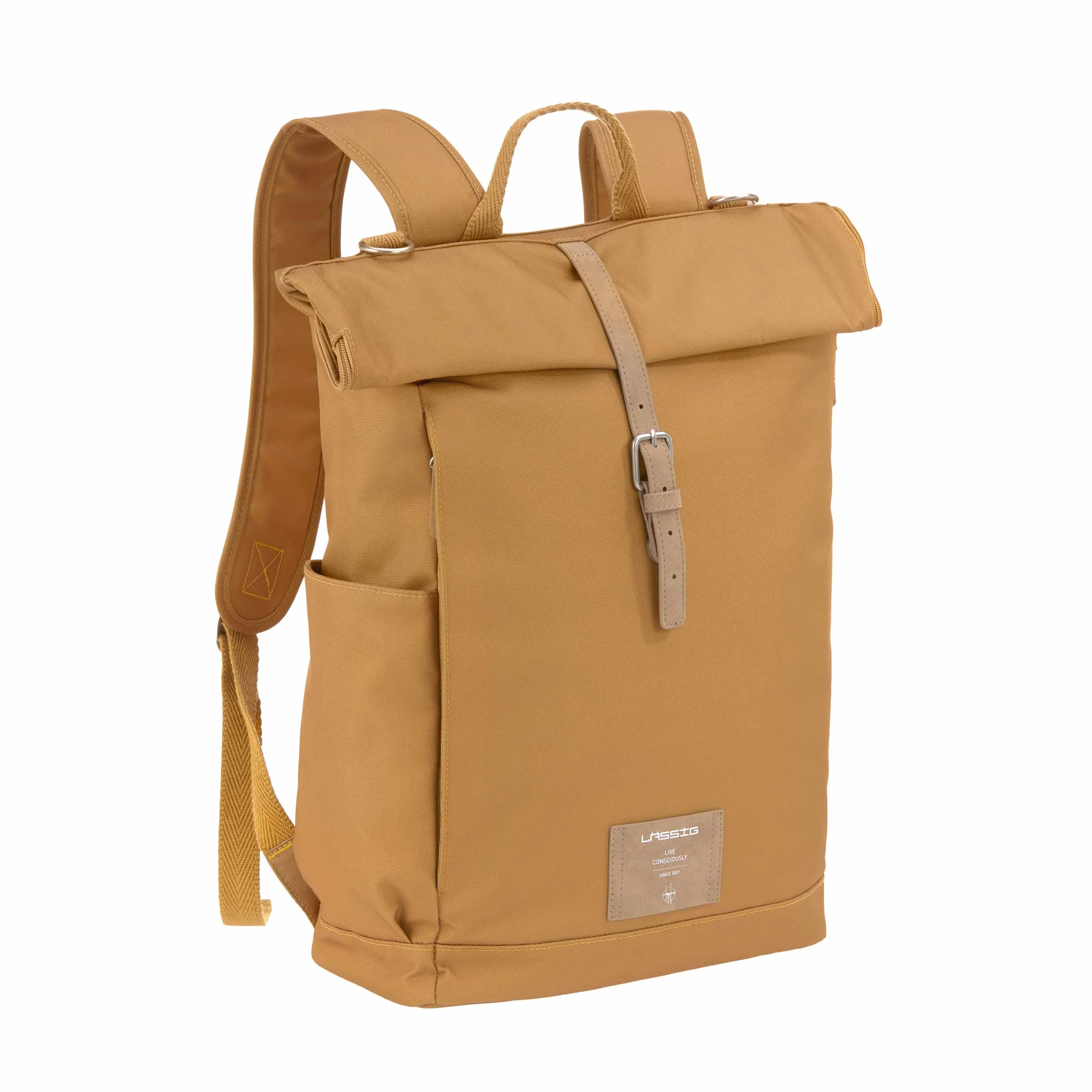 LÄSSIG Torba do przewijania, podkładka do przewijania, mocowanie do wózka dziecięcego, uchwyt na butelki wyprodukowany w sposób zrównoważony/GRE Rolltop Backpack, żółty (Curry)