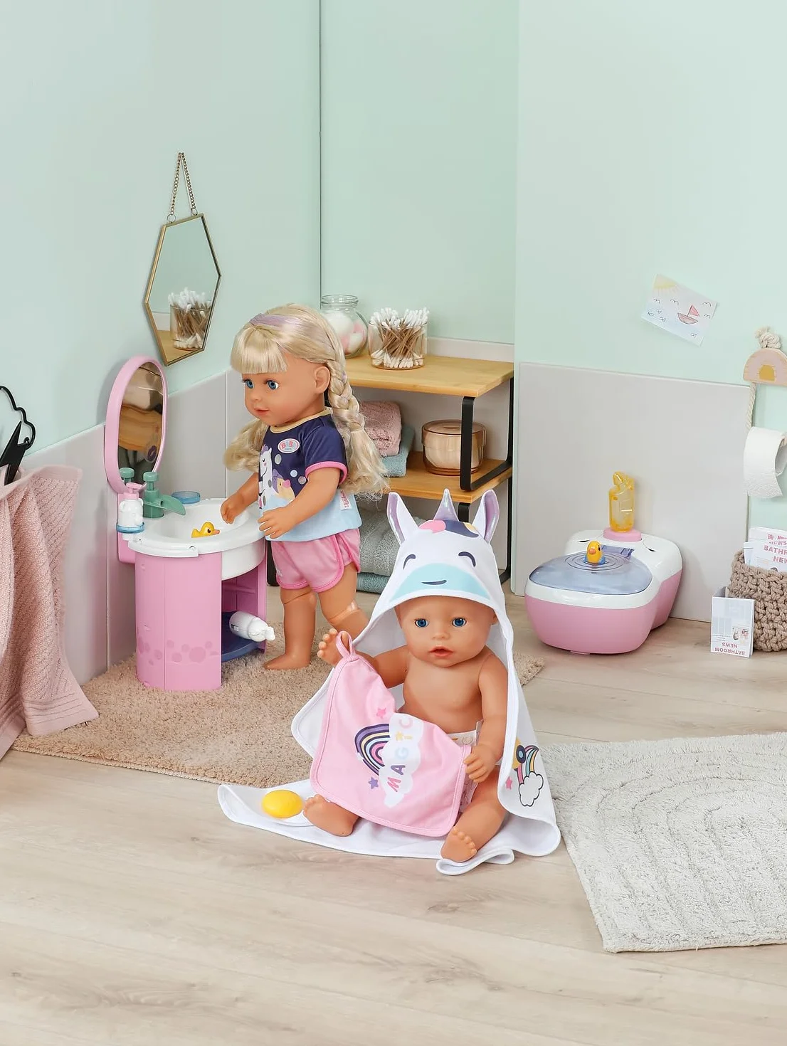 BABY born Zestaw ręczników z kapturem – z jednorożcem i tęczowym ręcznikiem – wysokiej jakości akcesoria dla lalek – odpowiedni dla wszystkich lalek 36 cm i 43 cm