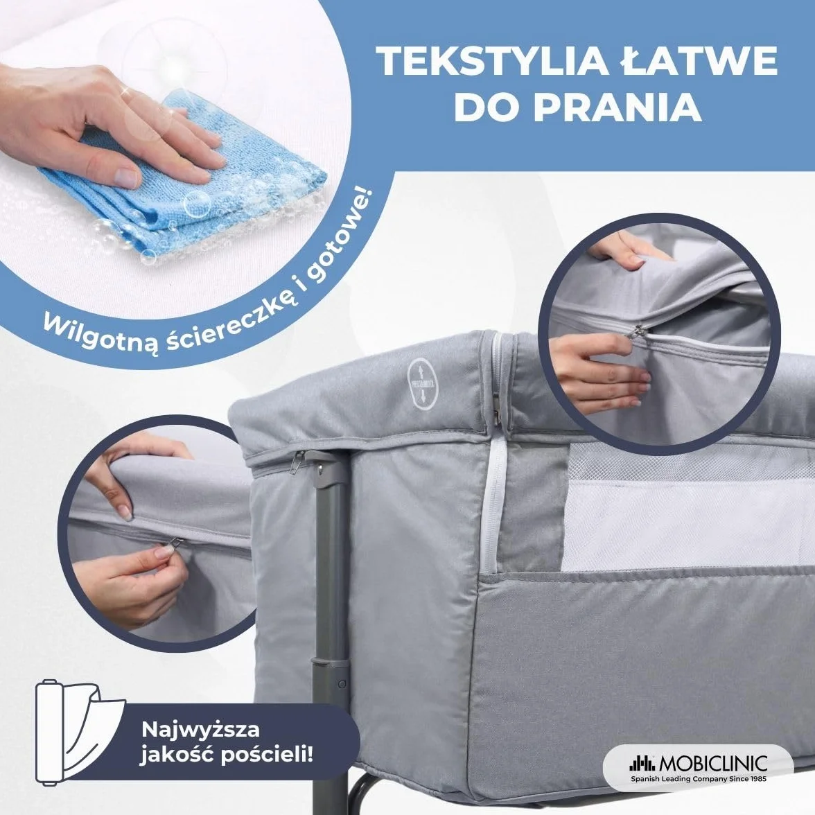 Mobiclinic®, Kołyska do wspólnego snu, Niemowlę, 2 w 1, System Mocowania łóżka, Regulowana na 5 wysokości, Torba transportowa, Zestaw zawiera koł, Oddychająca siatka, Moon
