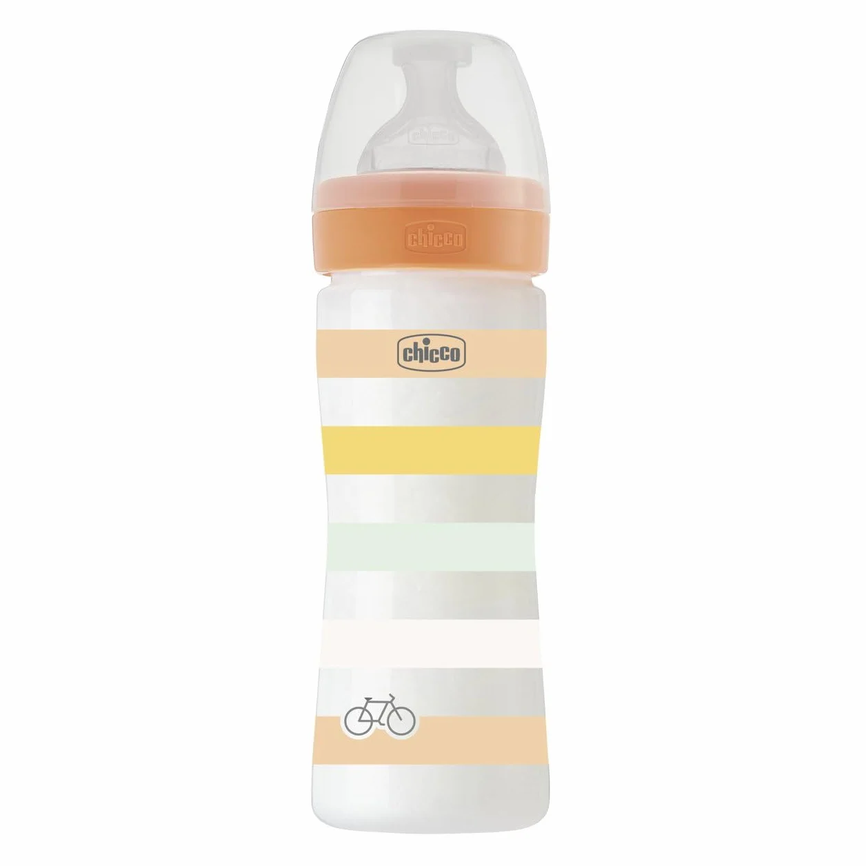 Chicco Butelka Well-Being Medium Flux, z przyssawką fizjoterapeutyczną z miękkiego silikonu i miękkim wykończeniem, antykoliczna, redukuje odbijanie i drażliwość, plastikowa butelka 250 ml, 2 miesiące