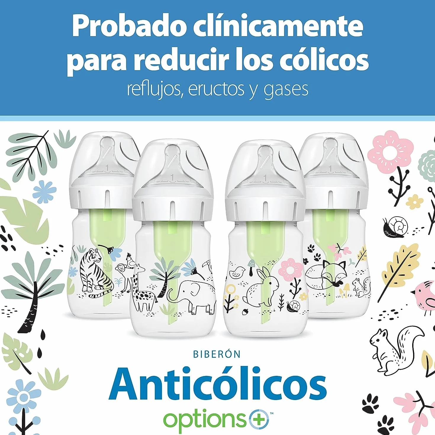 Dr. Brown's Natural Flow® Anti-Colic Options+™ butelka dla niemowląt, edycja designerska, dekoracja z dżungli, 150 ml, poziom 1 smoczek, 2 sztuki, 0 m +