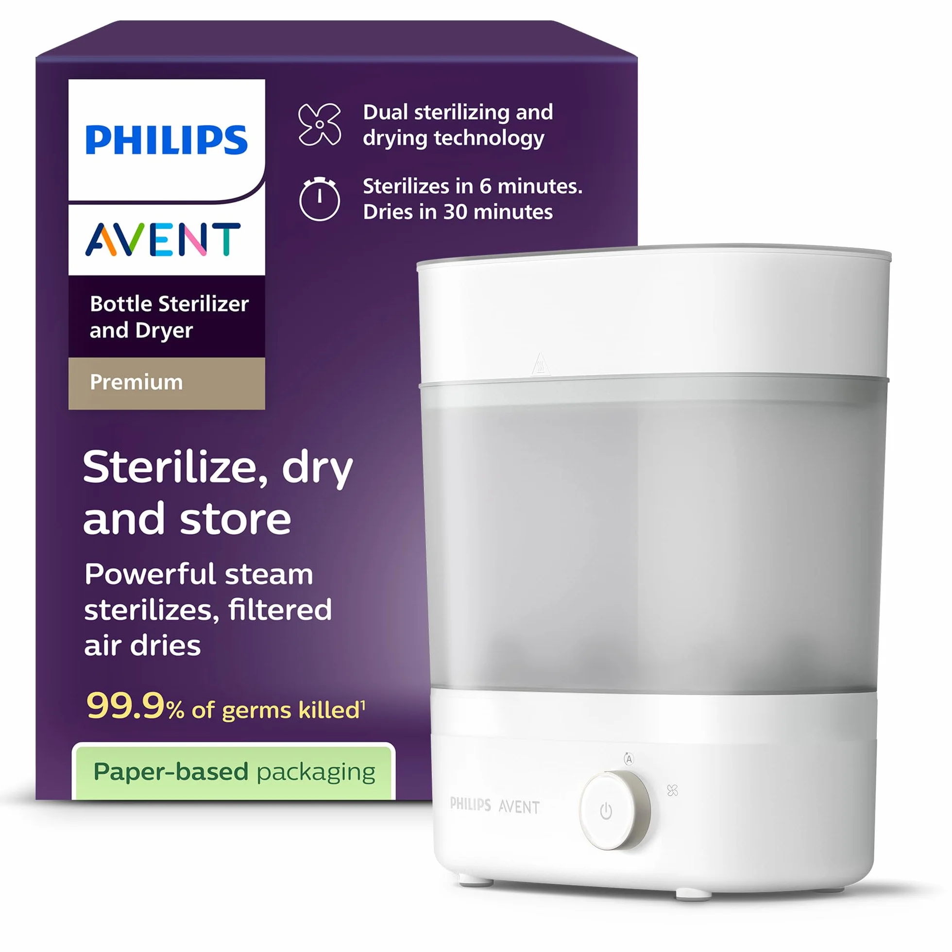 Philips Avent Elektryczny sterylizator parowy do butelek ze zintegrowaną suszarką na maks. 6 dziecięcych butelek, biały. Model SCF293/00