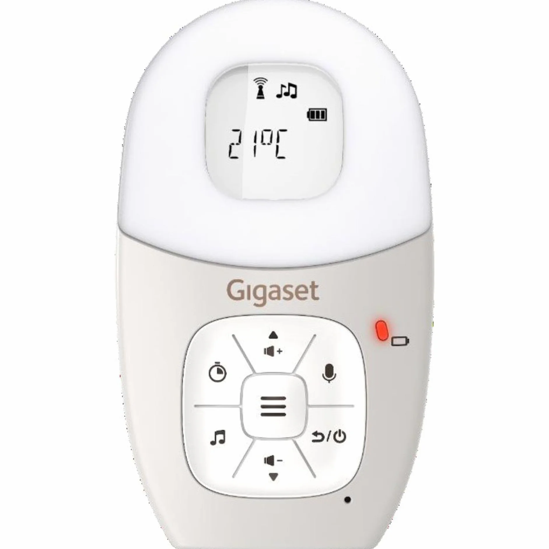 Gigaset Baby 100 Audio – niania elektroniczna z technologią DECT – bezpieczna dwukierunkowa komunikacja – zasięg 300 m – timer karmienia – czujnik temperatury – lampka nocna – 3-stopniowy wskaźnik