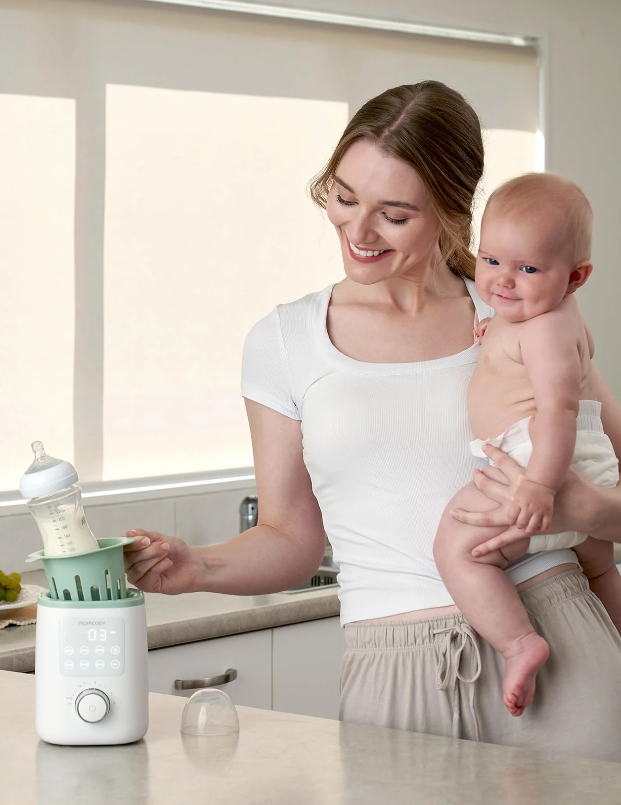 Momcozy Nutri, ogrzewacz do butelek dla niemowląt 9 w 1 z lampką nocną, dokładna regulacja temperatury, utrzymuje składniki odżywcze w mleku matki, do wszystkich butelek z mlekiem matki lub mieszanki