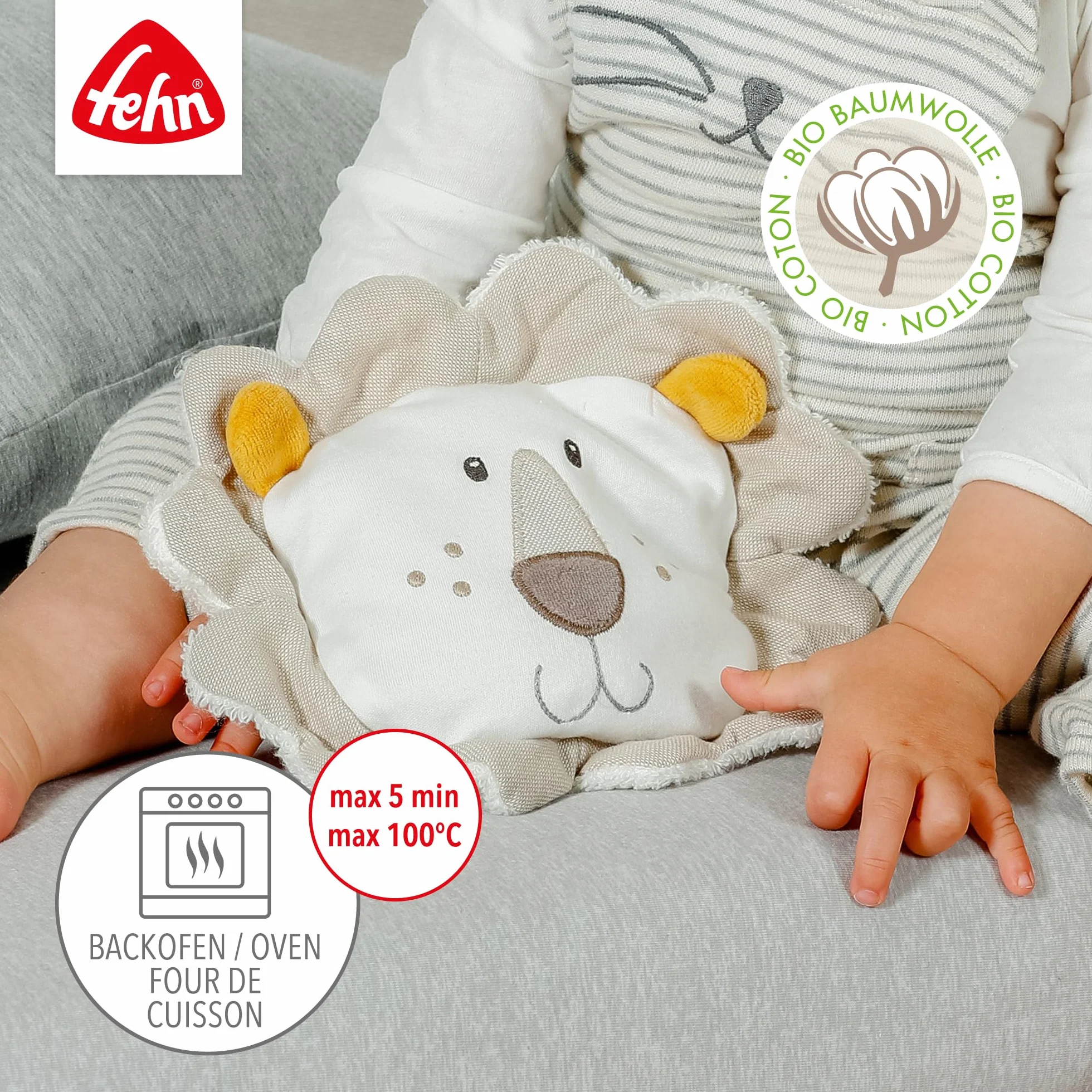 Fehn 056198 poduszka z pestkami winogron Lew NATUR – ekologiczna powłoka z wyjmowanym workiem termicznym – dla niemowląt i małych dzieci od 0 miesięcy – rozmiar: 19 x 19 cm