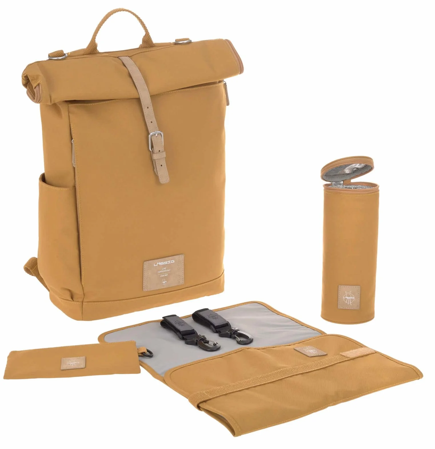 LÄSSIG Torba do przewijania, podkładka do przewijania, mocowanie do wózka dziecięcego, uchwyt na butelki wyprodukowany w sposób zrównoważony/GRE Rolltop Backpack, żółty (Curry)