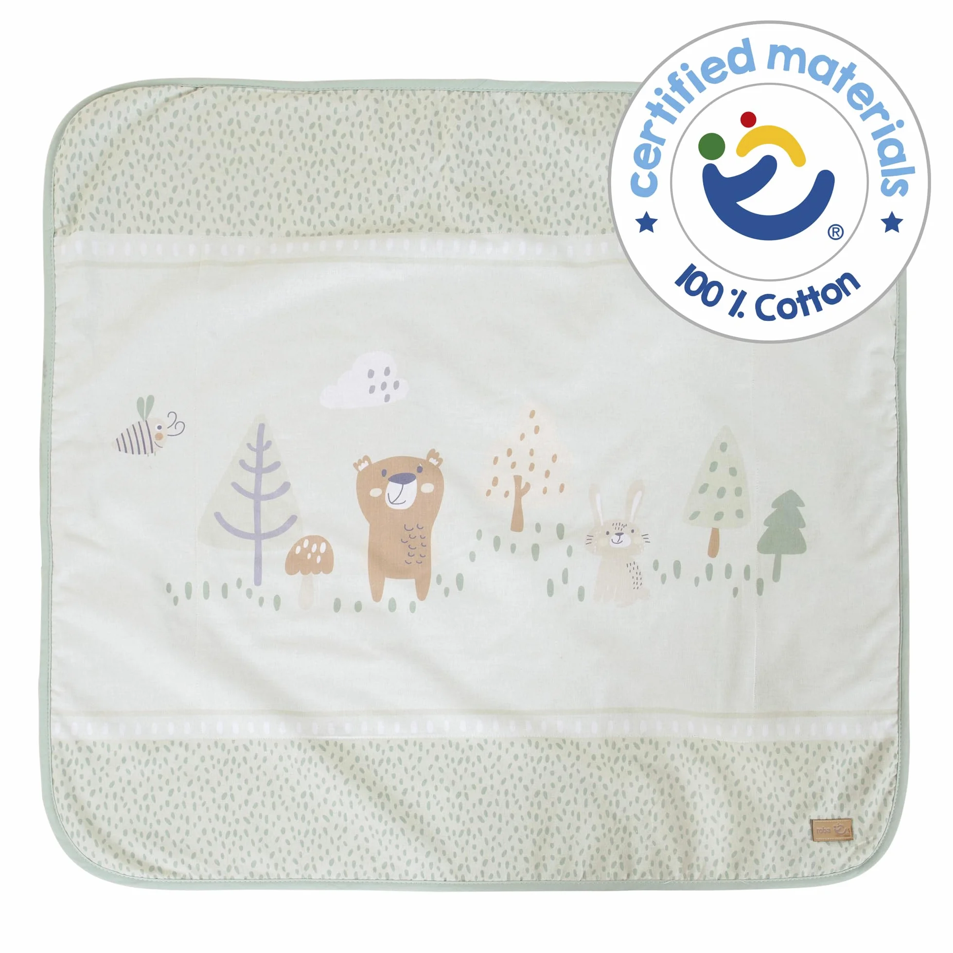 roba kocyk dla niemowląt Woodland Buddies 80 × 80 cm – koc dwustronny – bawełna & polar ultra miękki – motyw misia, zająca & pszczoły – pastelowa zieleń & srebrnoszary