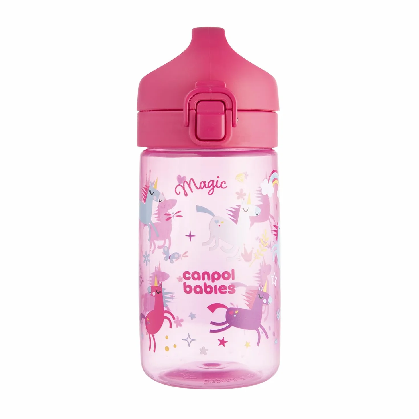 Canpol babies Bidon na wodę dla dzieci od 2,5 r.ż. Junior 400 ml Blokada przycisku, Wygodny do picia i mycia ustnik (Różowy)
