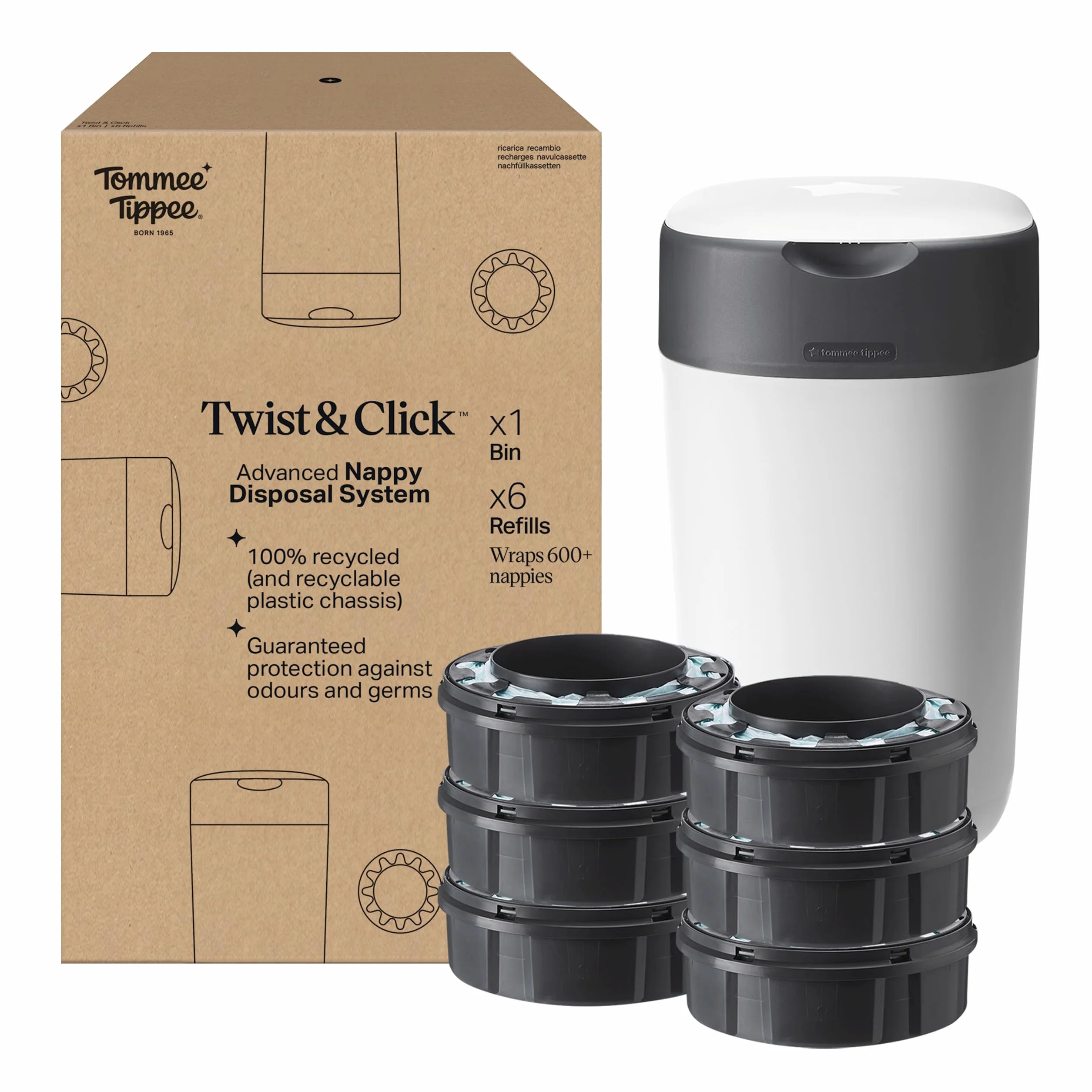 Tommee Tippee Twist and Click Advanced, bardziej przyjazny dla środowiska system z 6 wymiennymi wkładami z folią antybakteryjną GREENFILM pozyskiwaną w sposób zrównoważony, biały