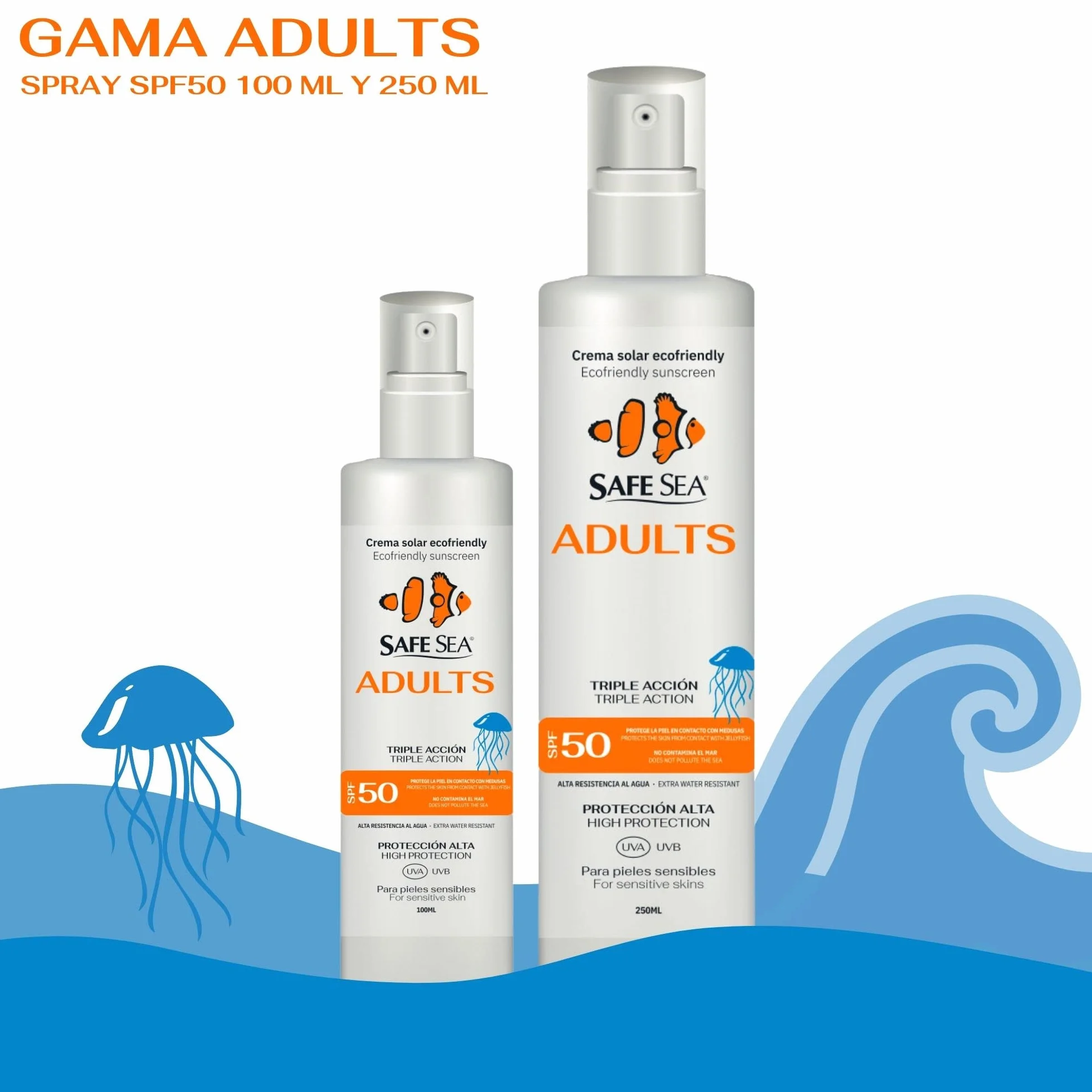 SAFE SEA - Jellyfish Sting Sun Spray SPF 50 - wegański - wysoka wodoodporność i wysoka ochrona przeciwsłoneczna dla dorosłych - odpowiedni dla skóry wrażliwej - Format 250ml