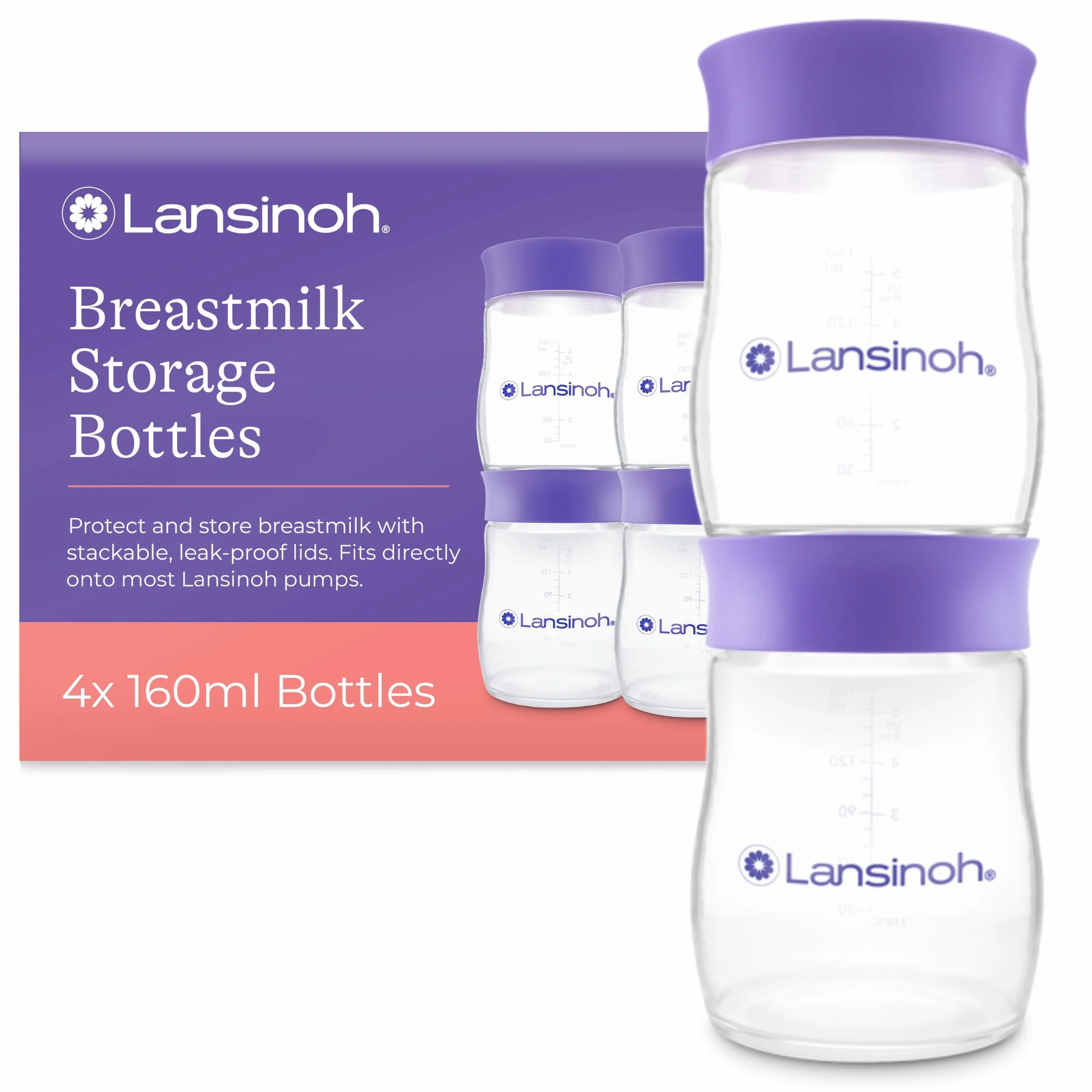 Lansinoh Butelki do przechowywania mleka matki, 4 x 160 ml, można układać w stos, bez BPA, szczelne, niezbędne do karmienia piersią, lodówka, zamrażarka, wielokrotnego użytku, pojemniki do
