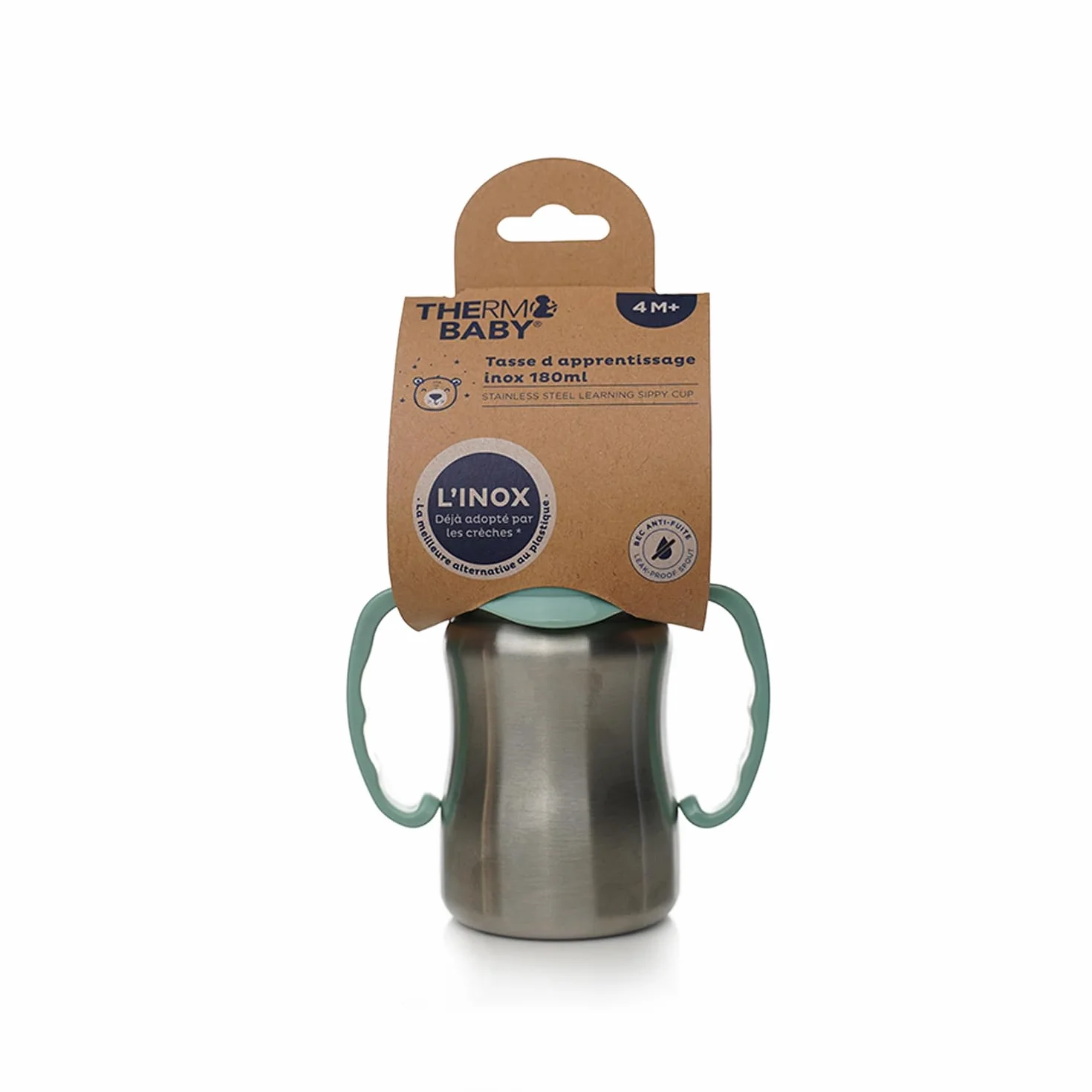 THERMOBABY - Kubek ze stali nierdzewnej dla niemowląt z uchwytami i silikonowym smoczkiem - zapobiegający przeciekaniu - 180 ml - łatwy do czyszczenia - trwały - idealny do pracy dziecka - zielony