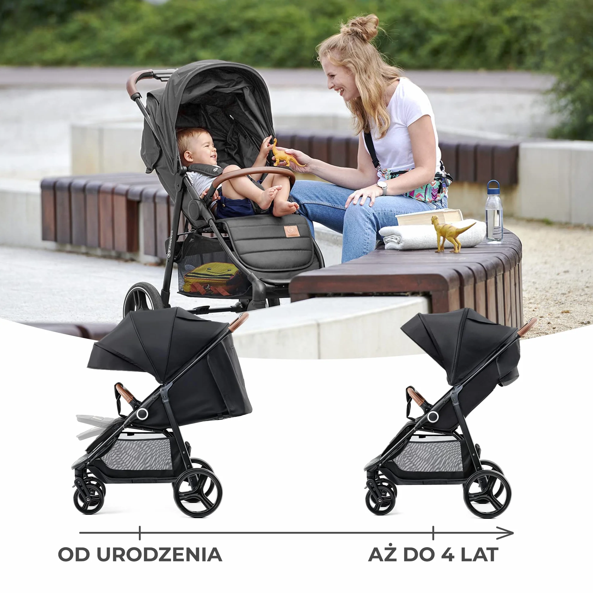 Kinderkraft GRANDE PLUS Wózek dziecięcy dla dzieci od urodzenia do 22 kg, Spacerówka, Regulowane oparcie do pozycji leżącej, Obszerne siedzisko, Składanie jedną ręką, Amortyzowane koła, Czarny