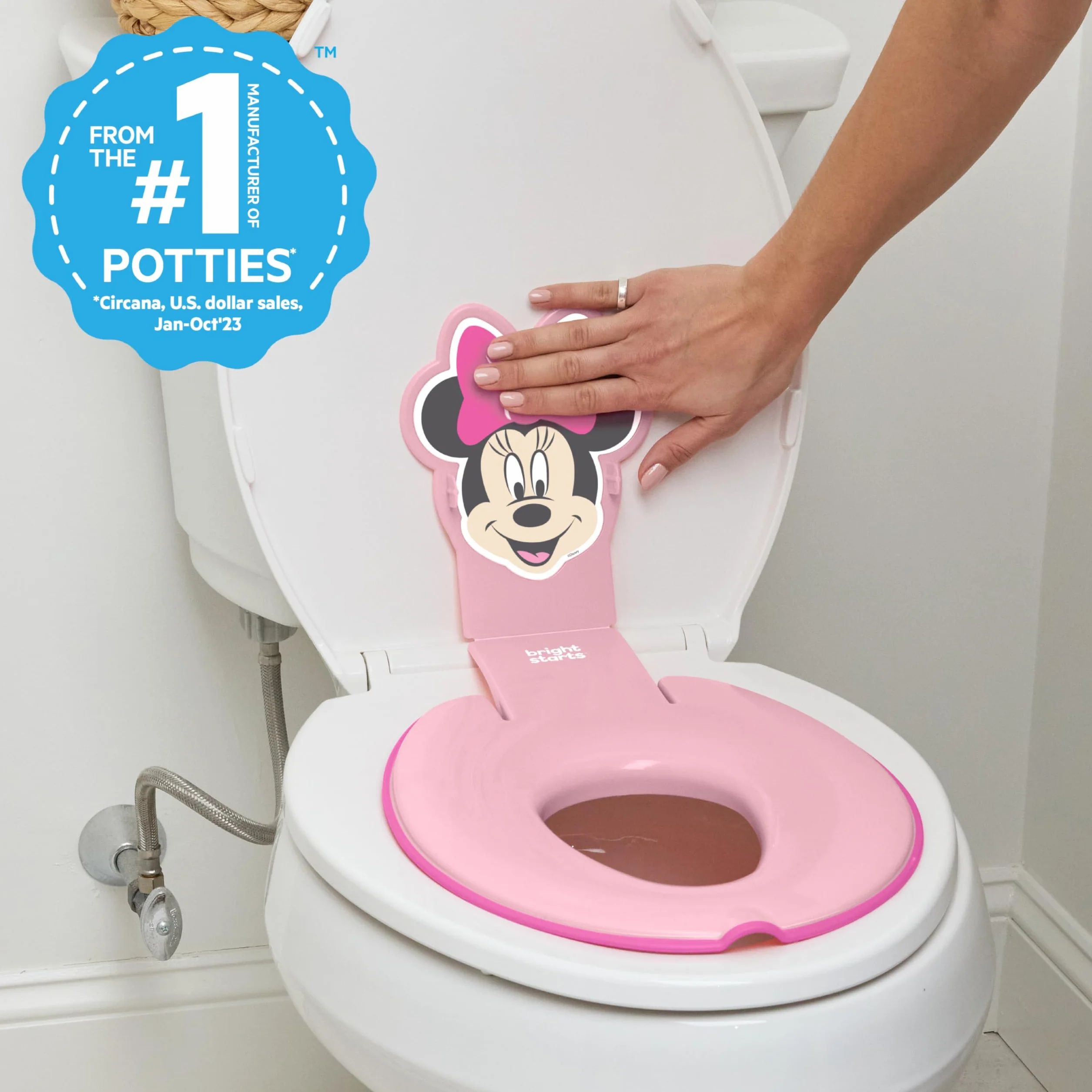 Bright Starts Disney Baby Minnie Mouse Flip & Sit Nocnik, bezpiecznie mocuje się do toalety, oszczędzająca miejsce konstrukcja pasuje do większości toalet