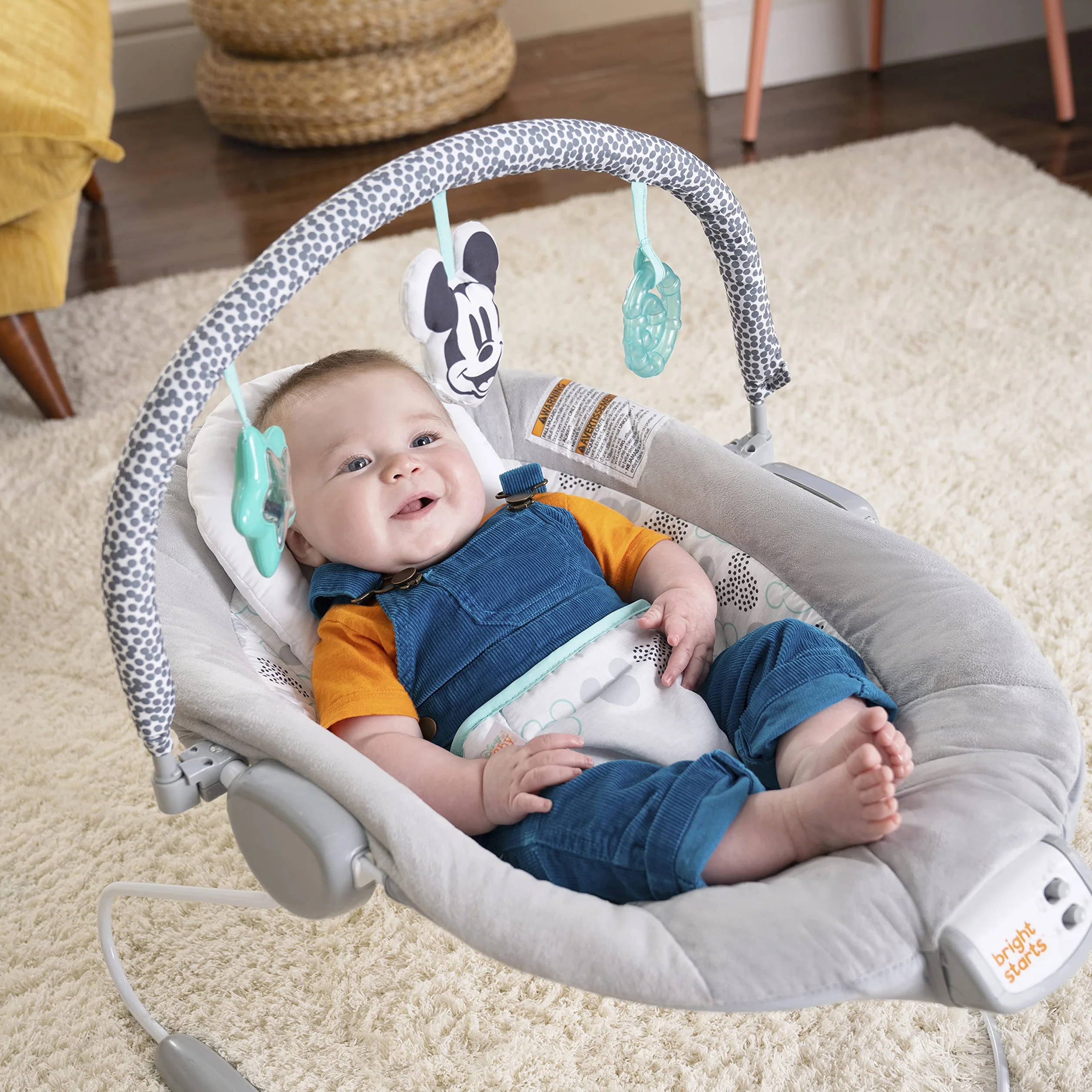 Bright Starts, Disney Baby Micky Huśtawka dla niemowląt z uspokajającymi wibracjami, melodiami, zdejmowanym łukiem do zabawy, 3 wiszące zabawki i wiele więcej