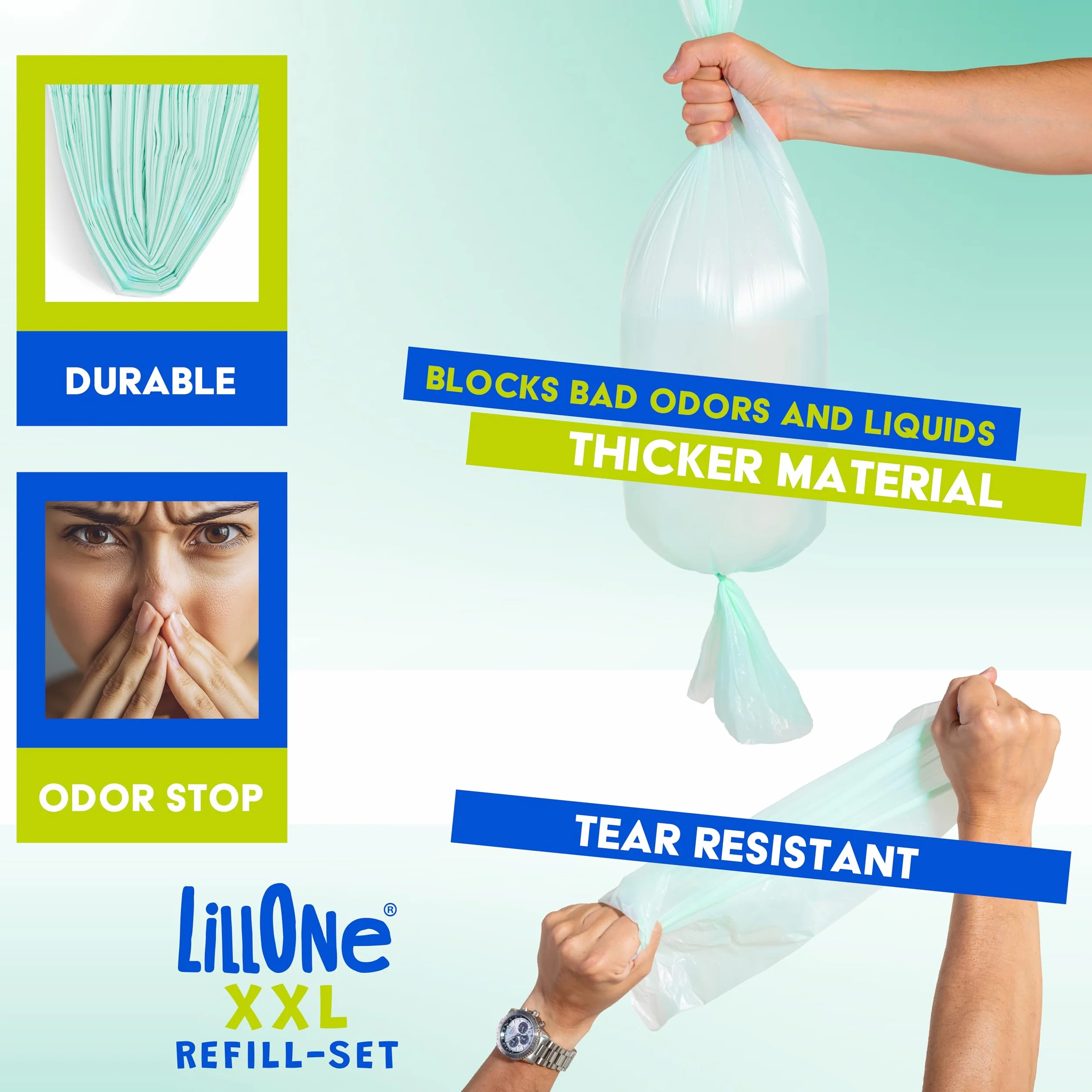 LillOne XXL-SET 10 wkładów powyżej 10 metrów + 1 kaseta wielokrotnego użytku - kompatybilna z pojemnikami na pieluchy Angelcare, Munchkin - Extra Long High Density