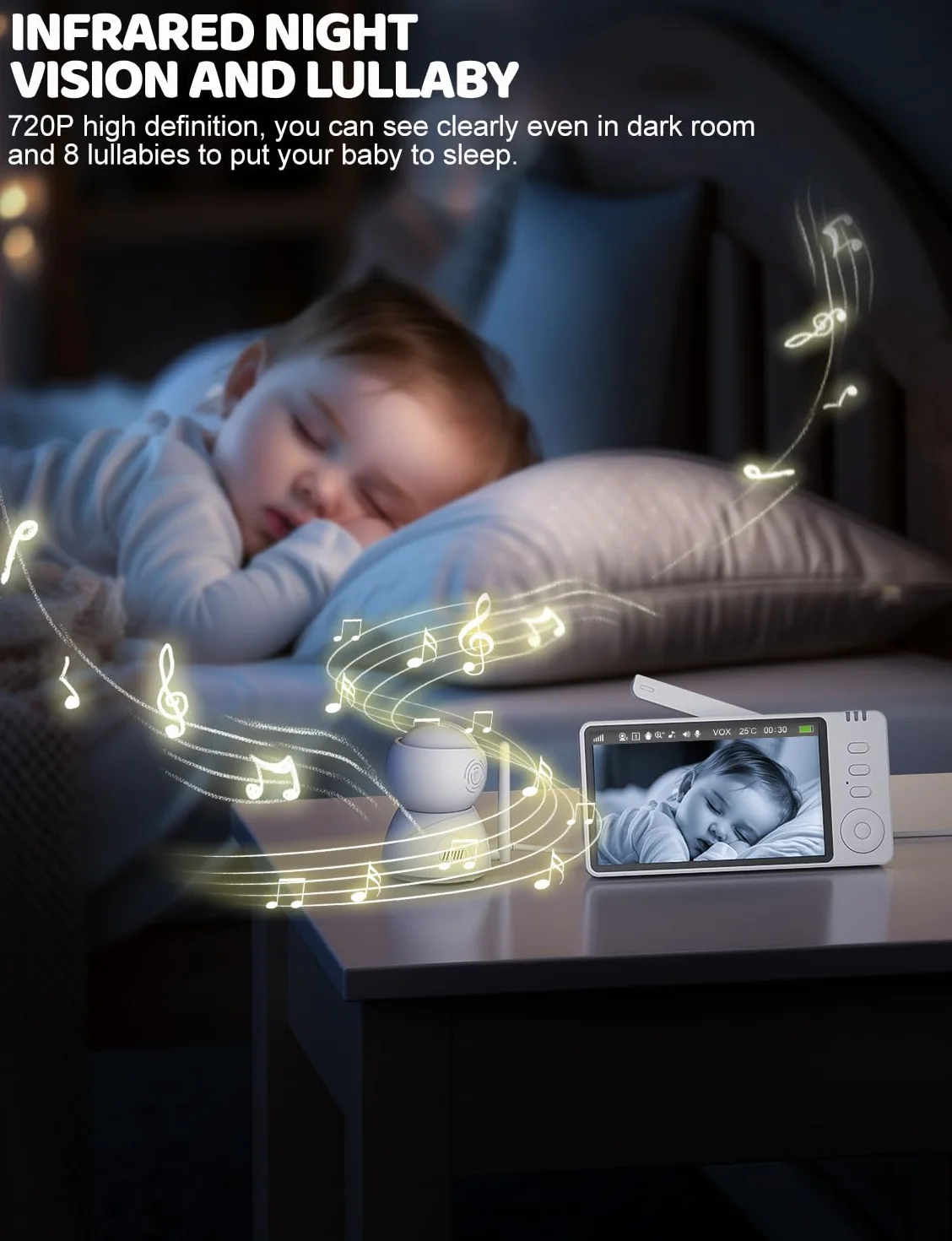 BURNNOVE 5-calowy monitor dla niemowląt z kamerą, VOX 4-krotny zoom, alarm karmienia, funkcja konwersacji, obrót/pochylenie PTZ, kołysanka, widzenie nocne, odpowiedni dla młodych rodziców