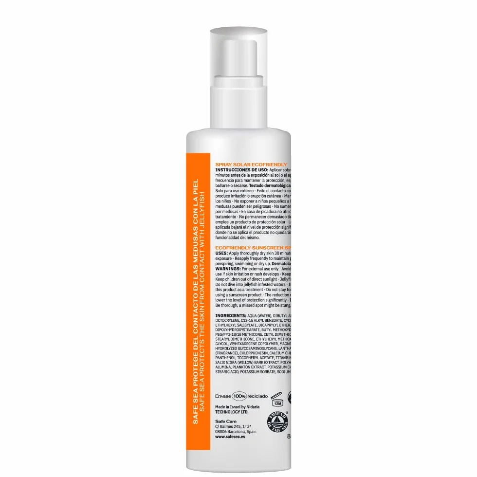 SAFE SEA - Jellyfish Sting Sun Spray SPF 50 - wegański - wysoka wodoodporność i wysoka ochrona przeciwsłoneczna dla dorosłych - odpowiedni dla skóry wrażliwej - Format 250ml