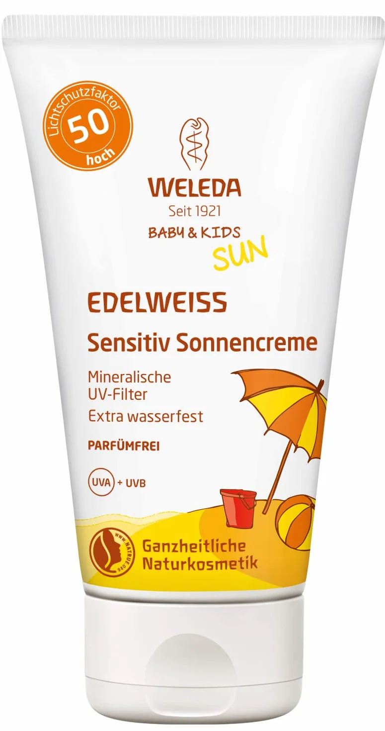WELEDA Baby and Kids Edelweiss Sensitiv krem przeciwsłoneczny LSF 50, wodoodporny kosmetyk naturalny, ochrona przed słońcem do wrażliwej skóry dzieci i niemowląt, wysoki współczynnik ochrony