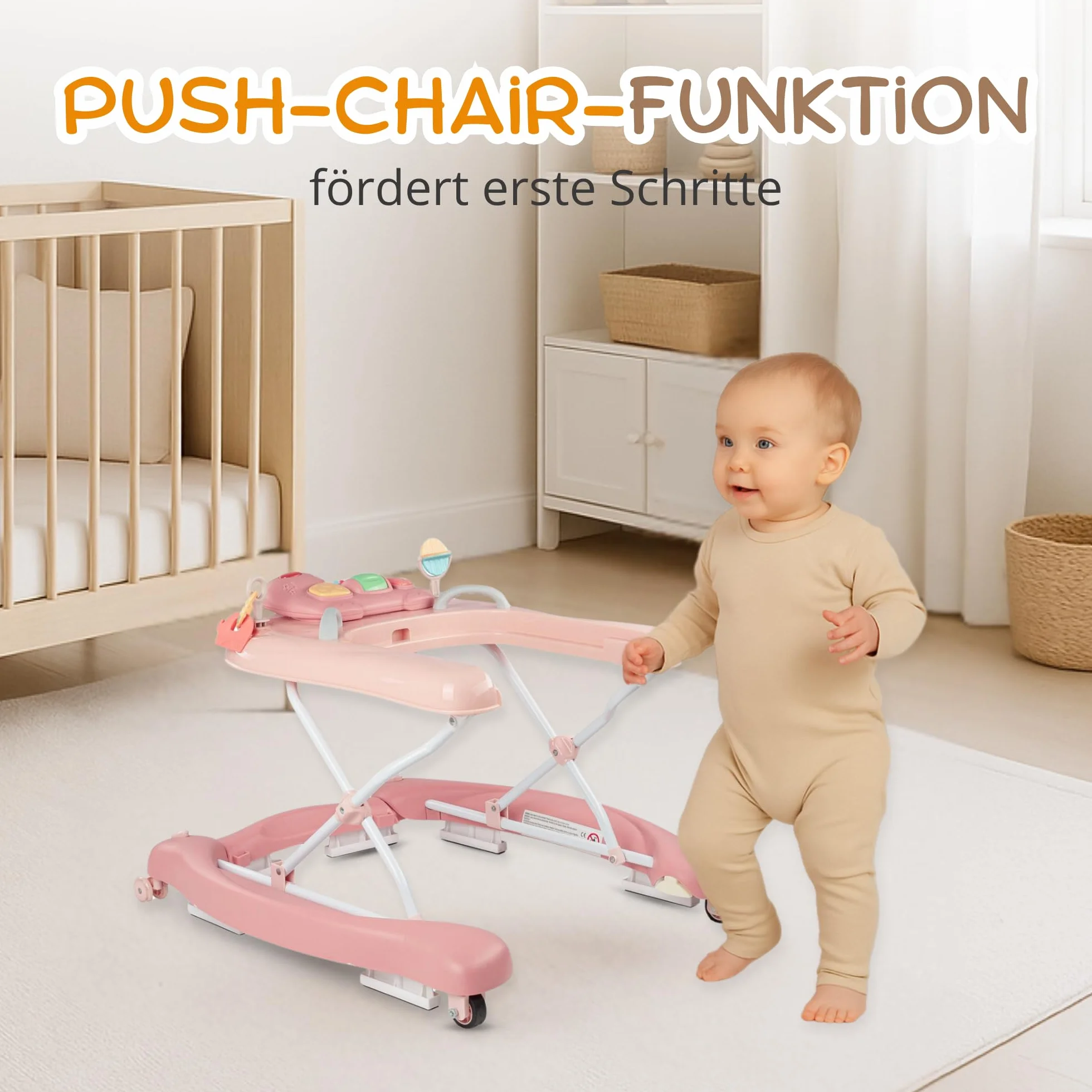 5 w 1 Baby Walker chodzik z funkcją kołysania, muzyka i światło, pomoc w chodzeniu dla dzieci od 6 miesięcy, regulacja wysokości, składany, różowy