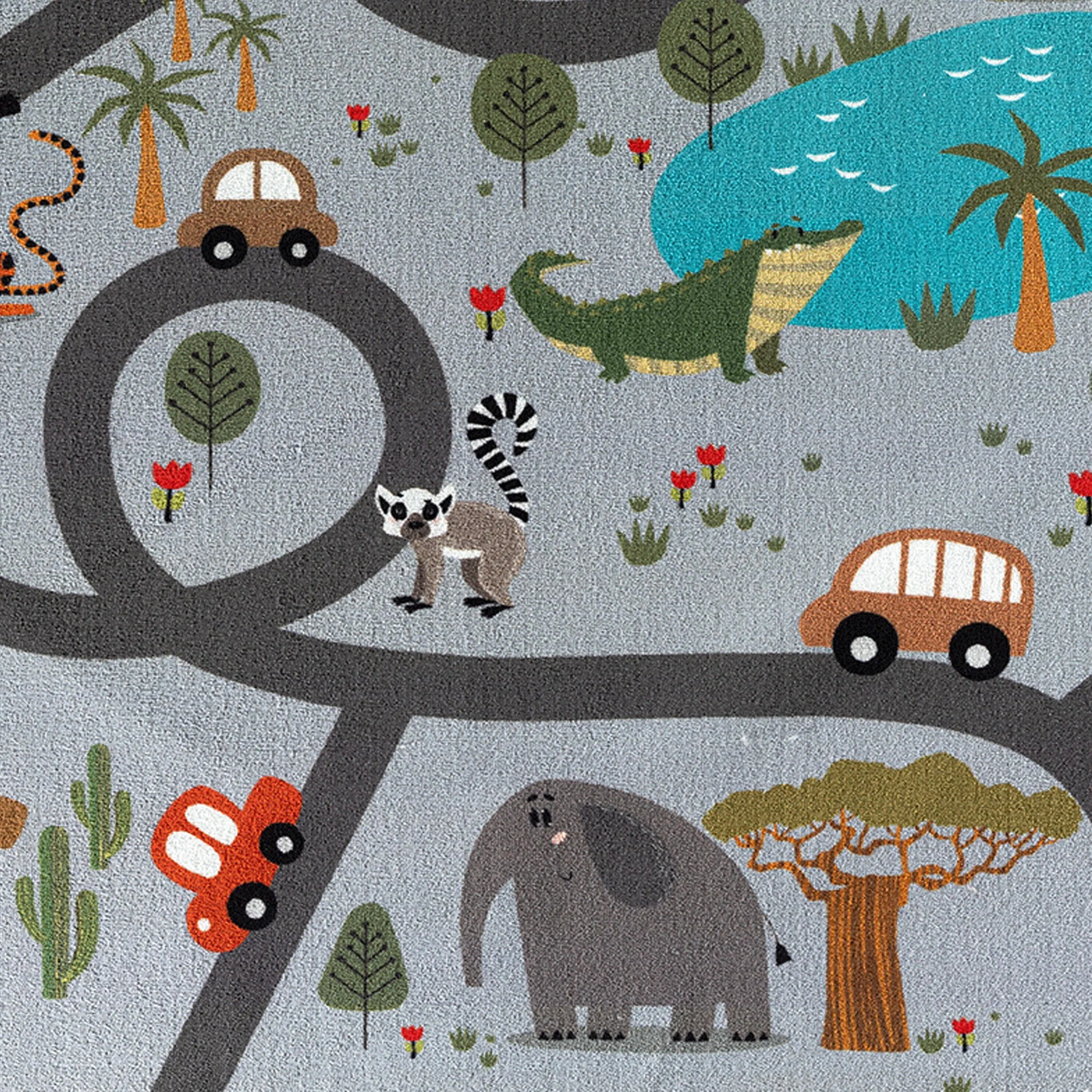 CARPETIA Dywan dziecięcy, do pokoju dziecięcego, do zabawy, antypoślizgowy, łatwy w pielęgnacji, safari, ulica, szary, 200 x 290 cm