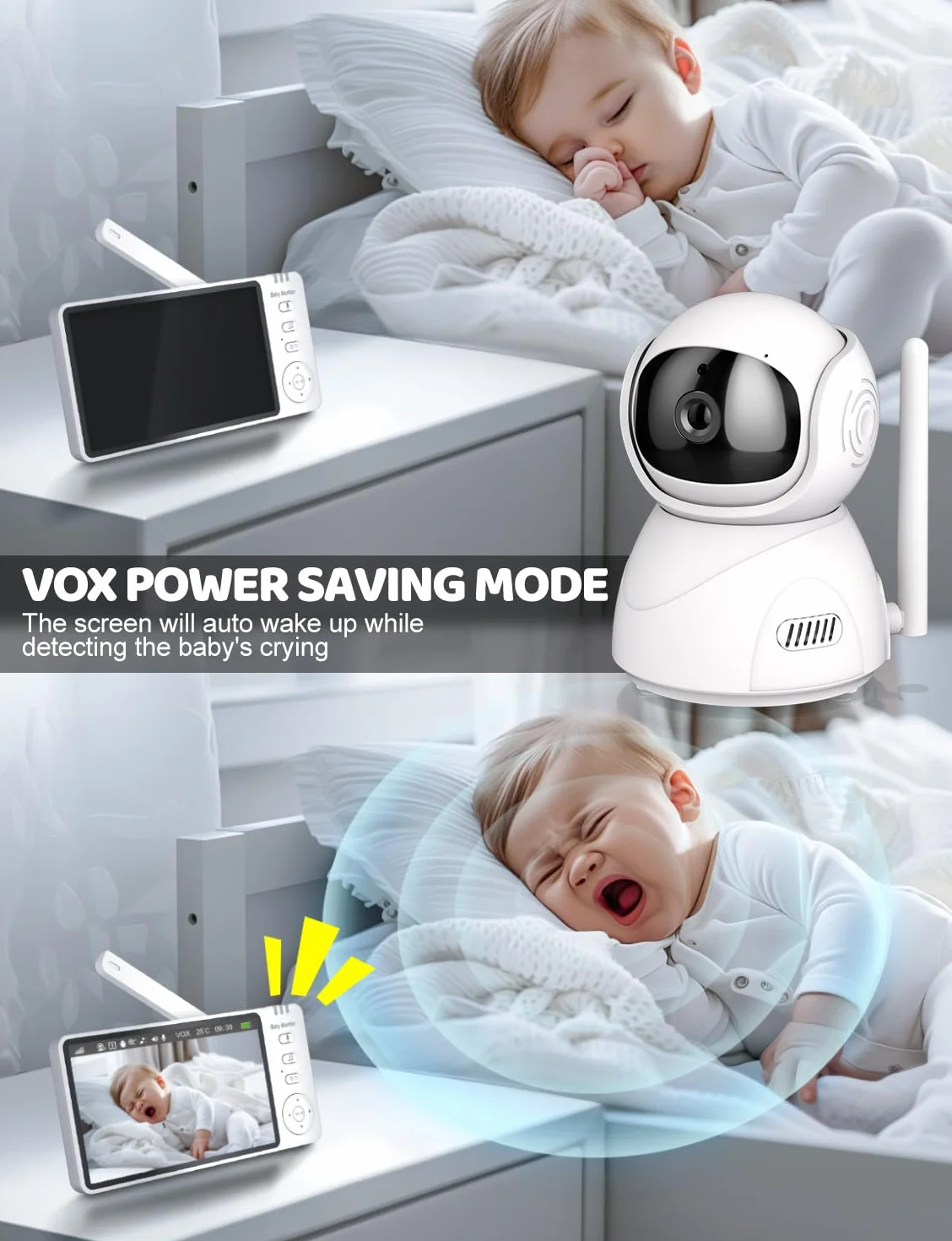 BURNNOVE 5-calowy monitor dla niemowląt z kamerą, VOX 4-krotny zoom, alarm karmienia, funkcja konwersacji, obrót/pochylenie PTZ, kołysanka, widzenie nocne, odpowiedni dla młodych rodziców