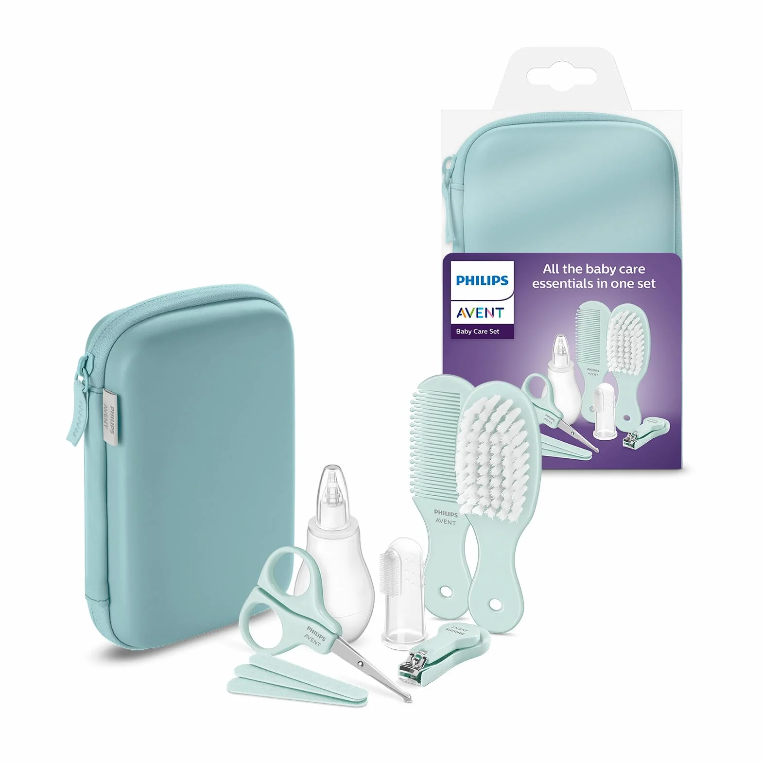 Philips Avent Zestaw do pielęgnacji dziecka, cążki do paznokci, nożyczki, 3 pilniczki, grzebień, szczotka do włosów, aspirator do nosa i szczoteczka do zębów na palec (model SCH401/00)