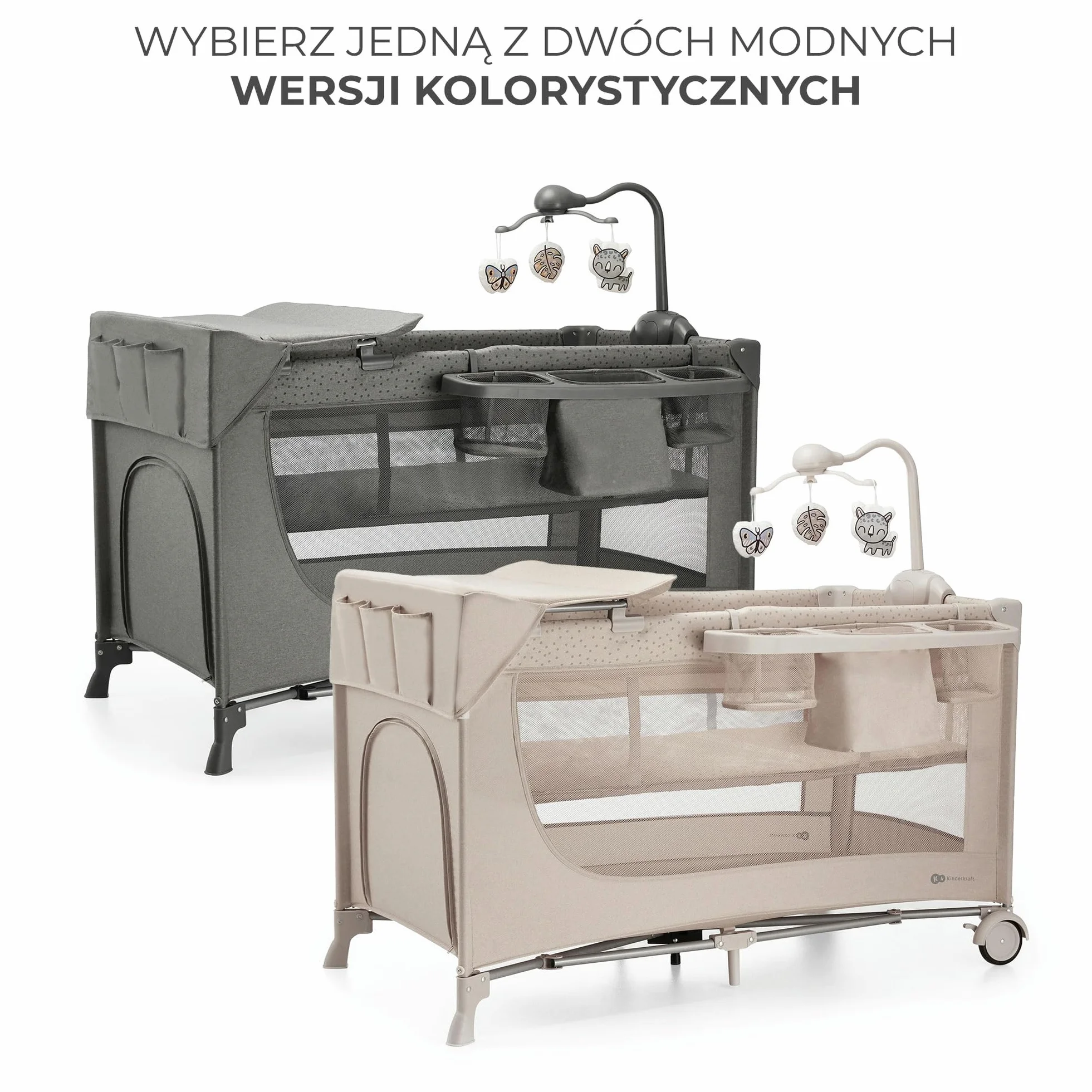 Kinderkraft JOY ACC 2 Łóżeczko turystyczne 3 w 1, Boczne wejście, Szybkie składanie i rozkładanie, Zabezpieczenie przed złożeniem, Kółka i torba ułatwiające transport, Pałąk z zabawkami, Beżowy