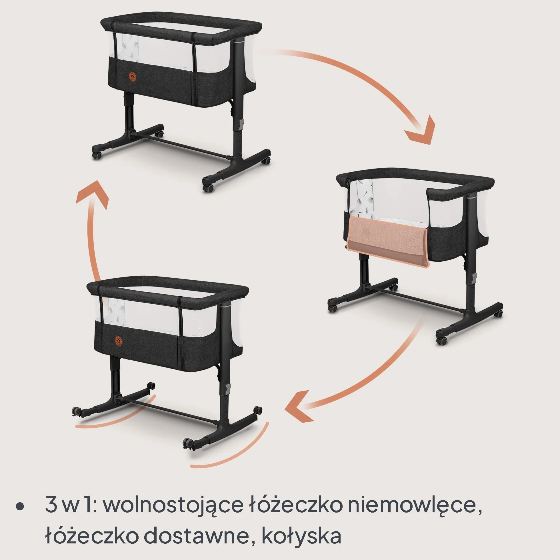 LIONELO Aurora 3 w 1 Łóżeczko Dziecięce do 9 kg, Łóżko Dostawne, Kołyska, Regulacja Wysokości oraz Kąta Nachylenia Materaca, 4 Kółka z Hamulcem Ergonomiczny Materac Torba (Grafitowy)
