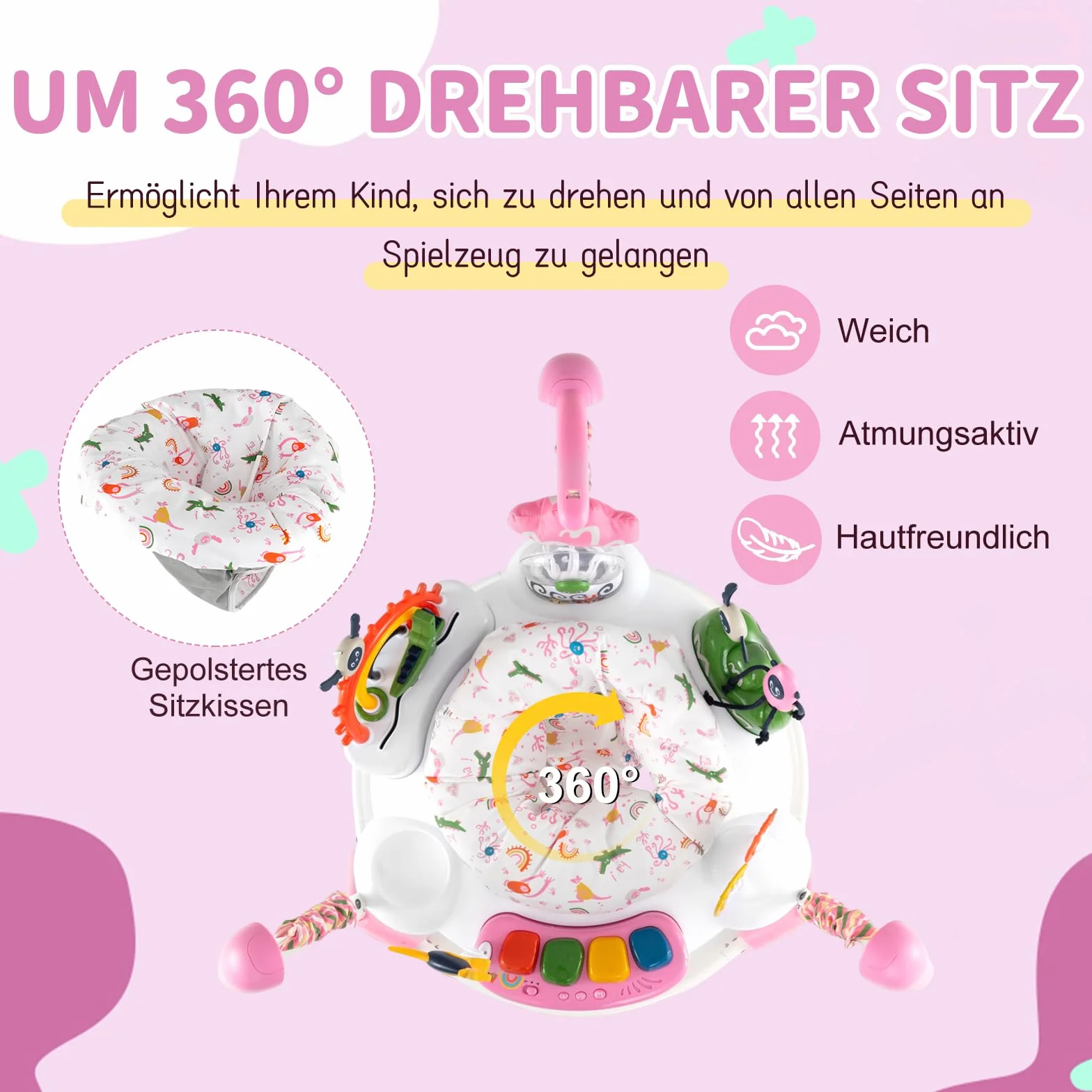 COSTWAY Baby Rainforest Jumperoo pomoc do nauki chodzenia z regulowanymi wysokościami, obracane o 360° siedzisko i zdejmowany tablet muzyczny, Baby Bouncer z oświetleniem i dźwiękiem, centrum