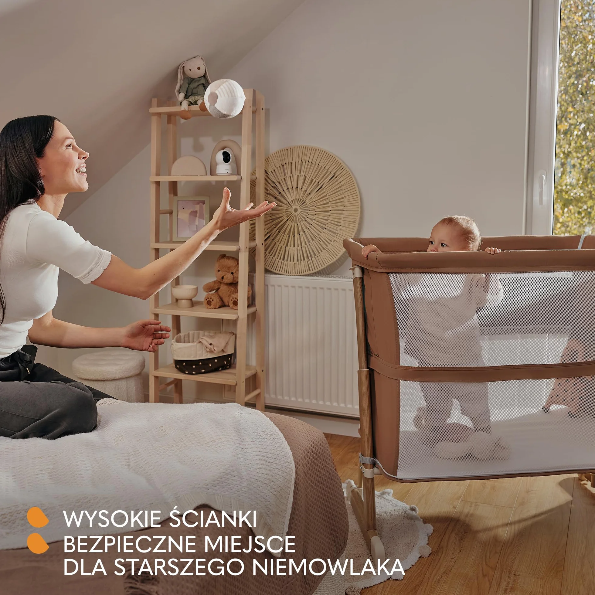 LIONELO THOMI PLUS 5 w 1 Dziecięce Łóżeczko Wolnostojące, Dostawne do 9kg, dla Starszego Dziecka do 30 kg, Kojec do 15 kg, Sofa do 100 kg Regulacja Wysokości, 2 Koła, Otwierany Bok (Carmel)