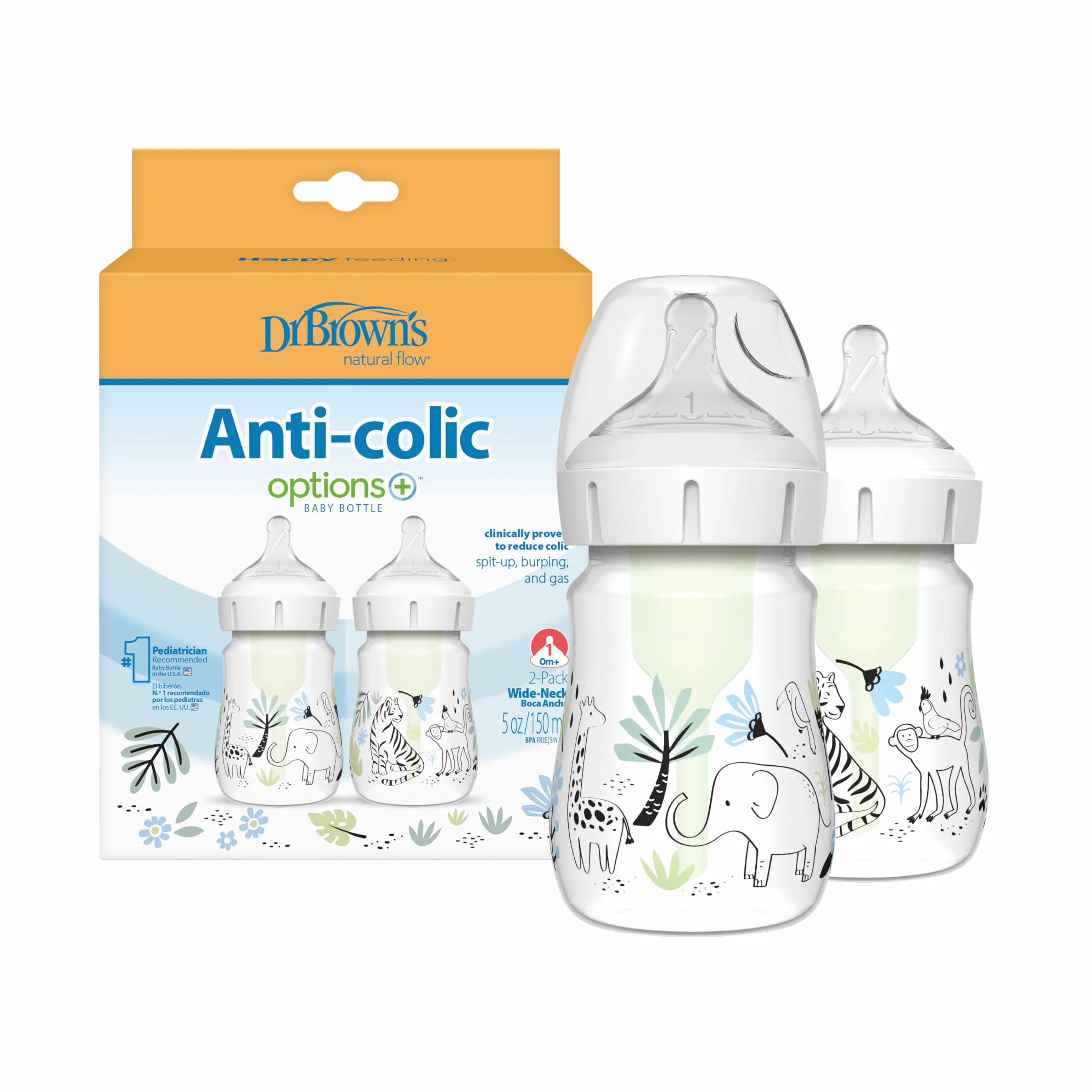 Dr. Brown's Natural Flow® Anti-Colic Options+™ butelka dla niemowląt, edycja designerska, dekoracja z dżungli, 150 ml, poziom 1 smoczek, 2 sztuki, 0 m +