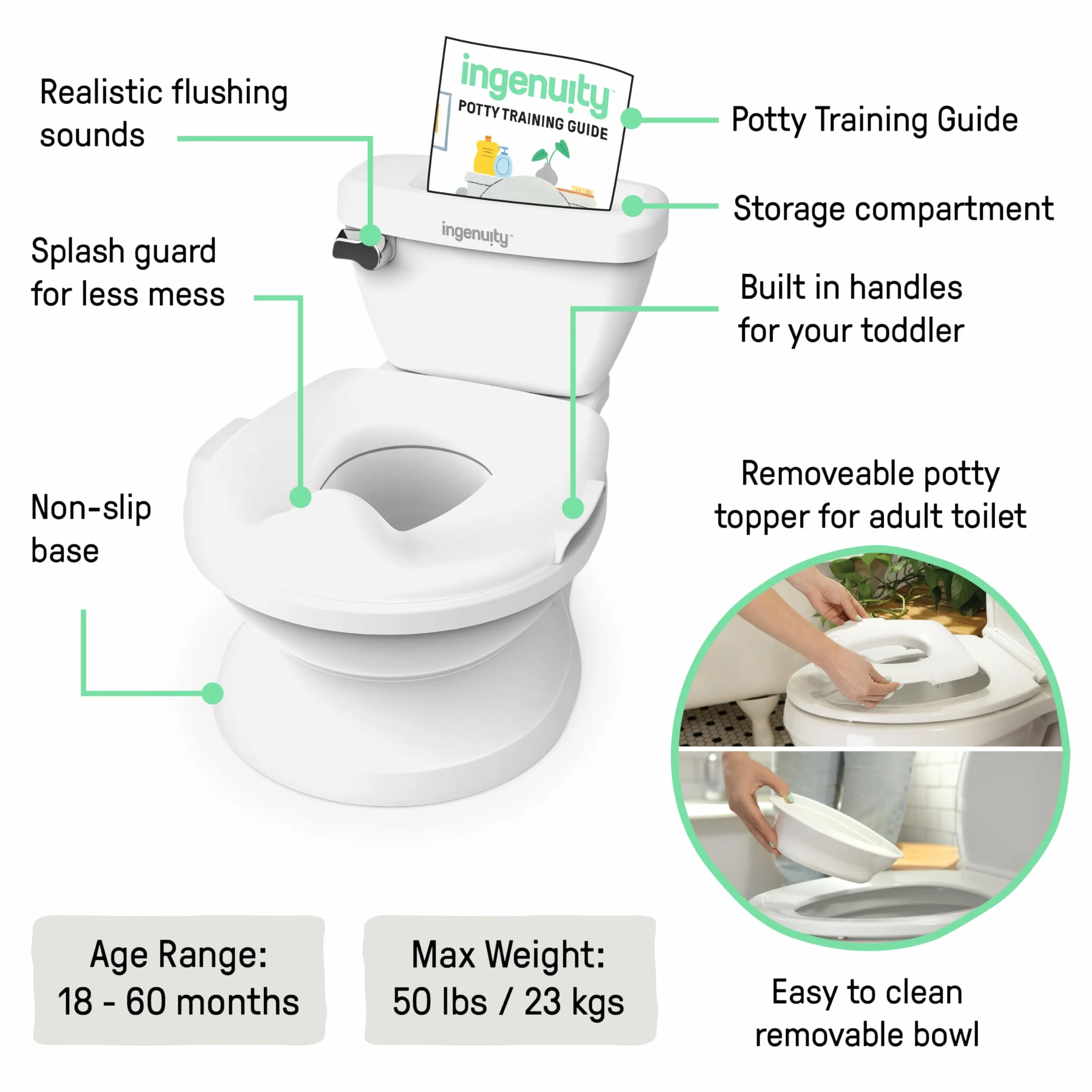 Ingenuity My Size Potty Pro, toaleta do nauki korzystania z nocnika dla niemowląt, realistyczny dźwięk spłukiwania, ochrona przed zachlapaniem, łatwa do czyszczenia, ze zdejmowaną miską