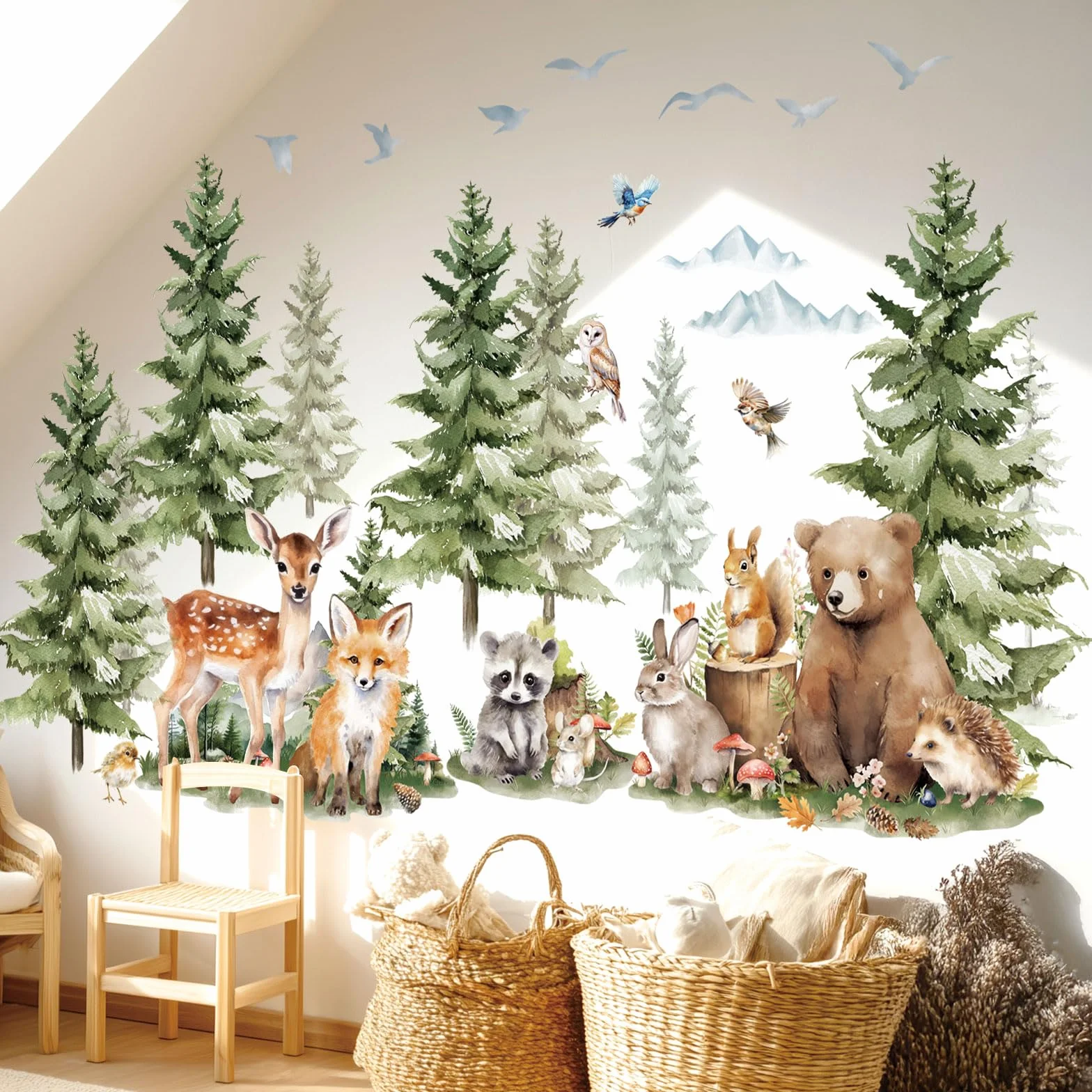 DECOWALL SG4-2422 Naklejki ścienne z sosnami i zwierzętami leśnymi Las górski Zwierzęta leśne Jeleń Lis Naklejki ścienne Przytulny pokój dla dzieci Przedszkole Sypialnia Wystrój pokoju zabaw