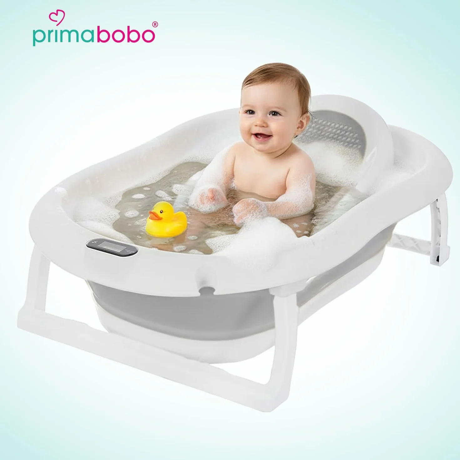 Primabobo Wanienka dla Niemowląt PREMIUM Składana z Inteligentnym Termometrem LCD i Fotelikiem, Luksusowa Wanienka 80cm z Miękką Wkładką, System Szybkiego Składania, Szara