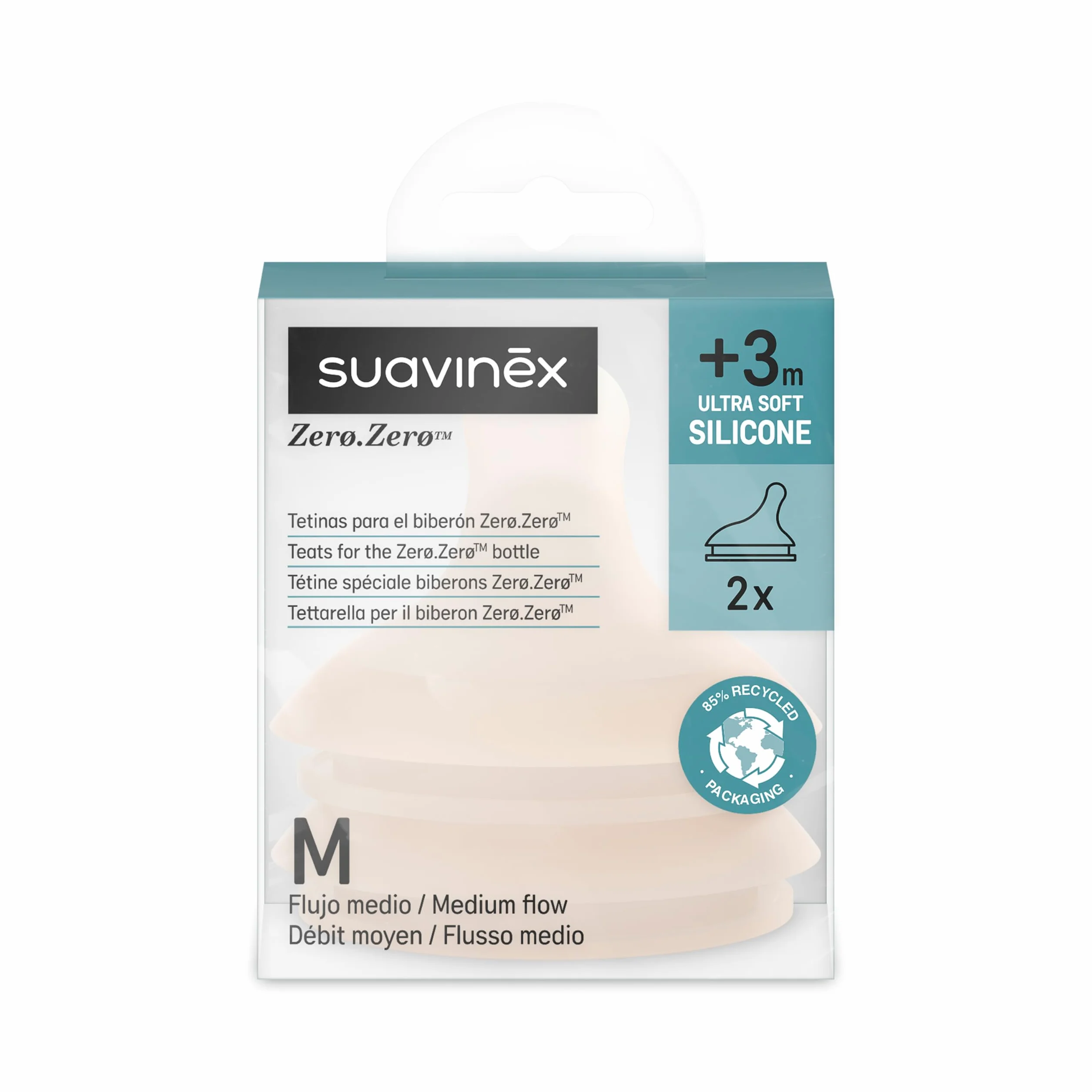 Suavinex, Zero Zero Anti-Colic zestaw 2 przyssawek do butelek dla niemowląt, zamiennik z 2 przyssawkami Medium Flow (M), do płynów o średniej gęstości, mleka, soku lub płynnego pożywienia, dla dzieci